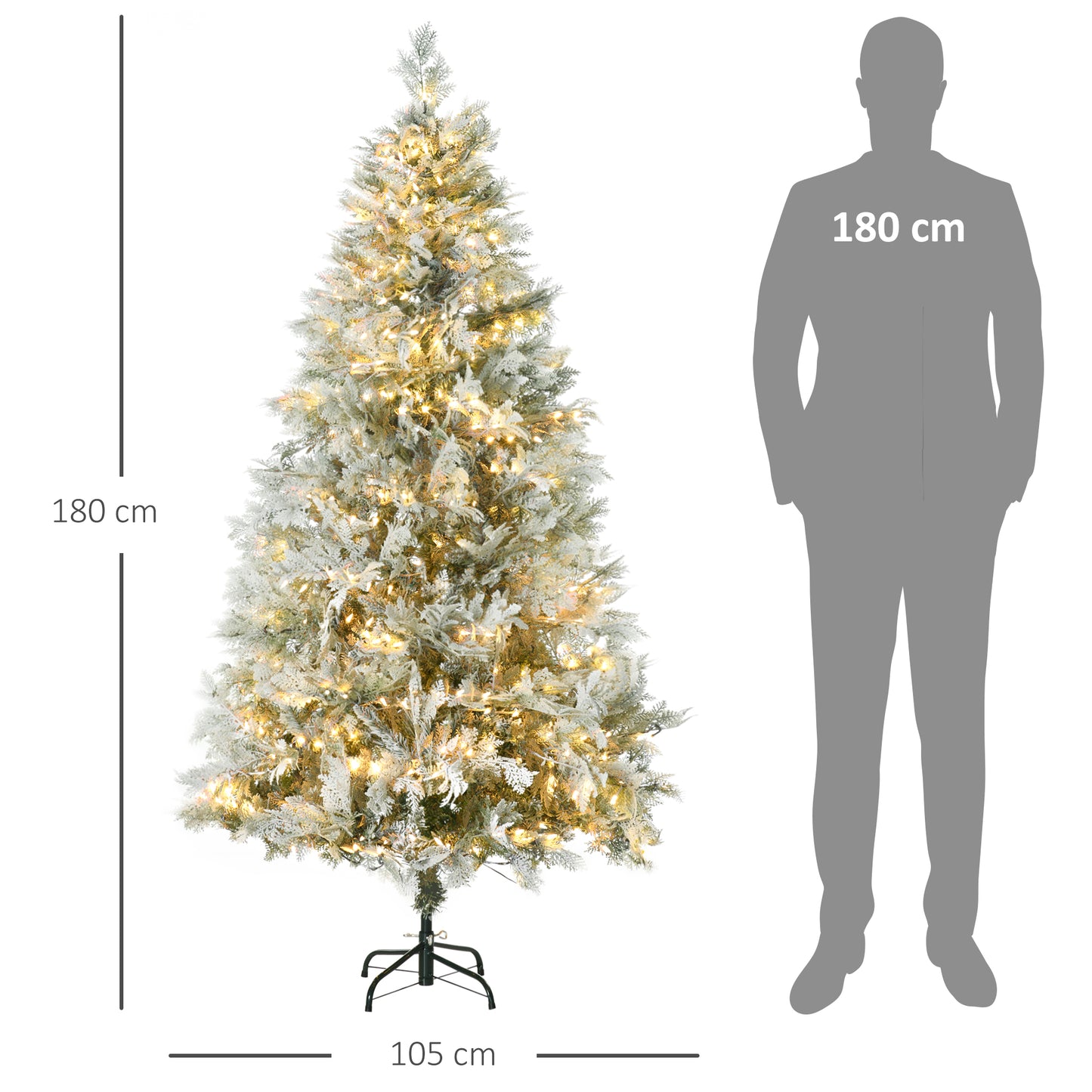 HOMCOM Árbol de Navidad Artificial 180 cm con 300 Luces LED Blancas Cálidas Árbol de Navidad Nevado con 577 Ramas Forma de Ciprés Base Plegable Decoración Navideña