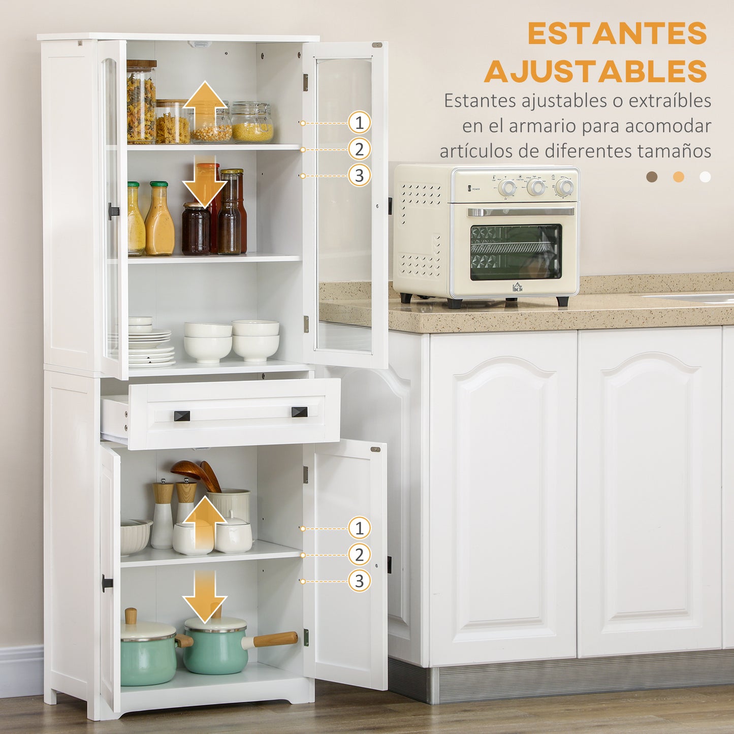 HOMCOM Alacena de Cocina Aparador de Comedor Mueble Auxiliar con 4 Puertas 1 Cajón y 2 Estantes Ajustables para Salón 60x30x160 cm Blanco