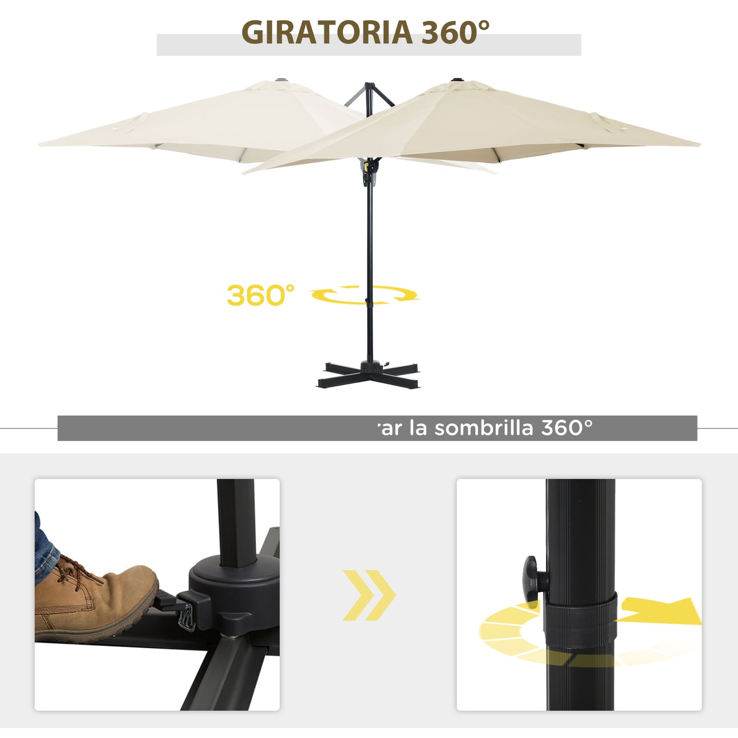 Outsunny Sombrilla de Jardín de Aluminio 245x245x245 cm Parasol Excéntrico con Manivela Giratorio 360° Inclinación de 5 Niveles Tela Desmontable Crema