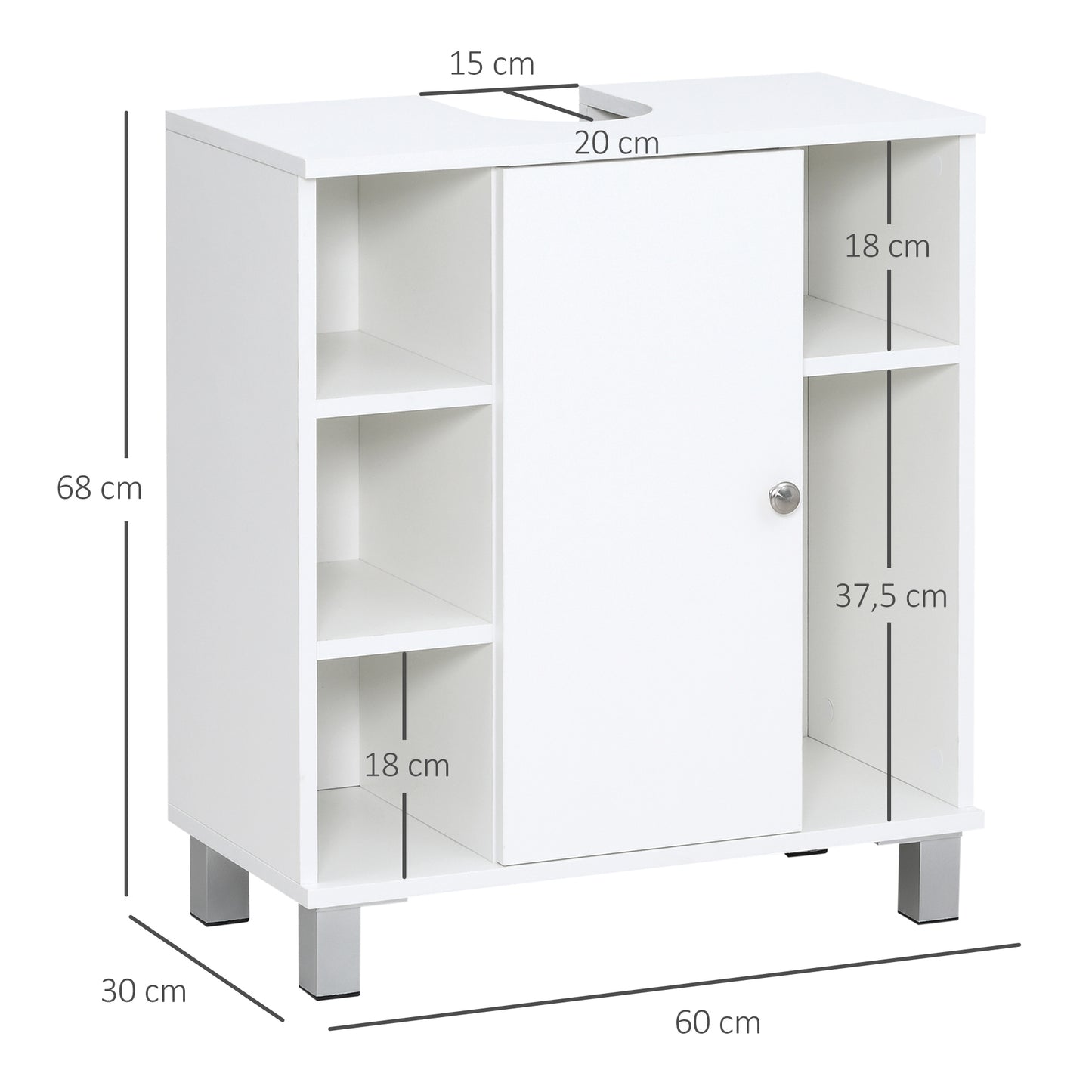 kleankin Mueble para Debajo del Lavabo Armario Baño de Suelo de Madera con 5 Compartimentos Abiertos y 1 Puerta Diseño Compacto Moderno 60x30x68 cm Blanco
