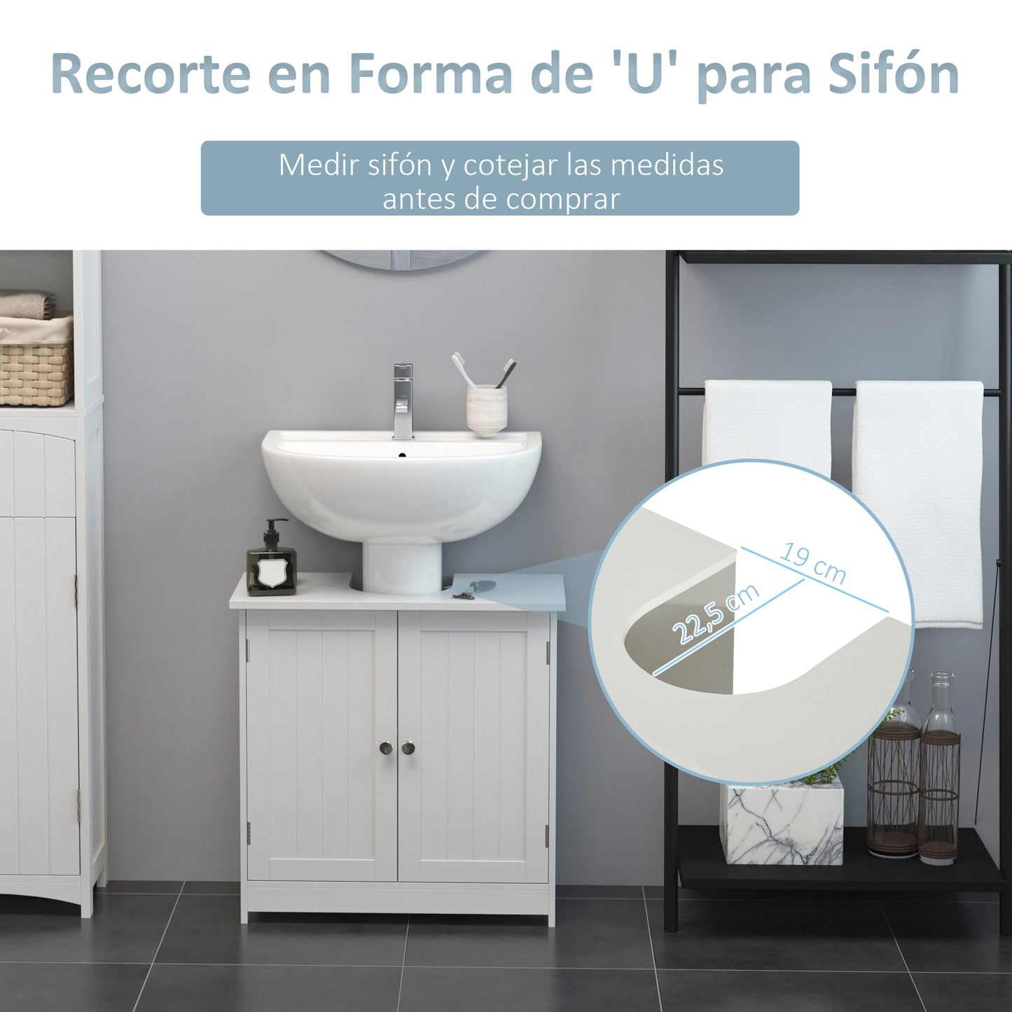 HOMCOM Mueble para Debajo del Lavabo o Fregadero Armario de Baño de Madera Armario de Almacenaje 60x30x60cm Blanco