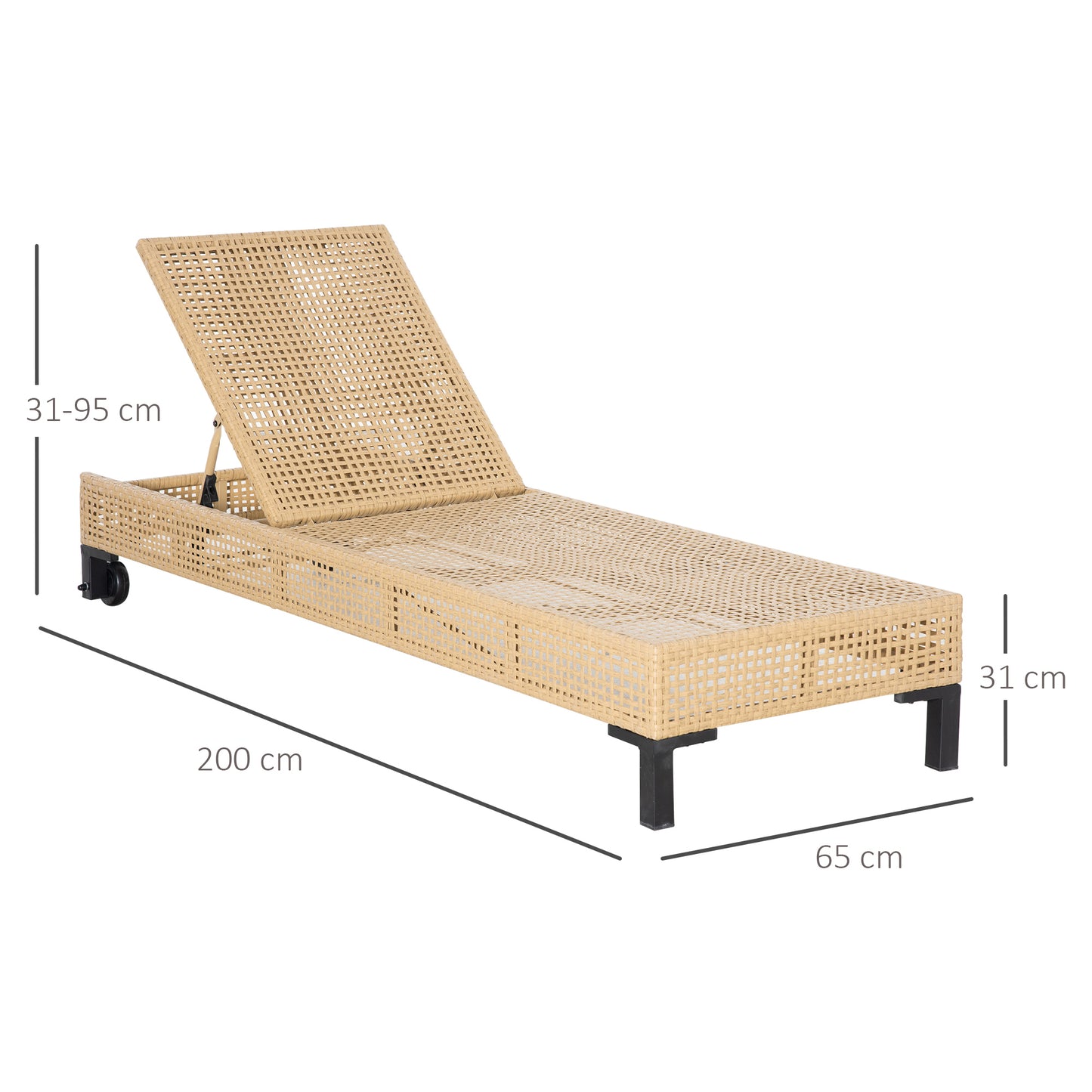 Outsunny Tumbona de Ratán Sintético Chaise Longue con Respaldo Ajustable en 5 Posiciones Cojín Acolchado y 2 Ruedas para Jardín Terraza Acero 200x65x31 cm Natural y Beige