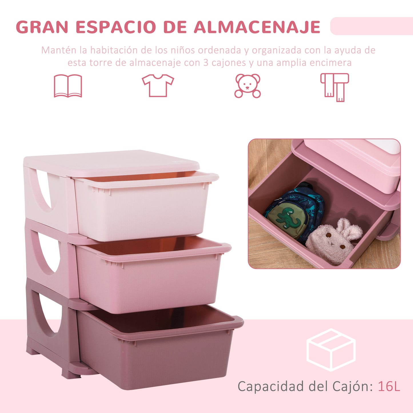 HOMCOM Torre de Almacenamiento Infantil con 3 Cajones Organizador de Juguetes para Niños +3 Años Gran Almacenaje con Asas para Juguetes Ropa Libros 37x37x56,5 cm Rosa