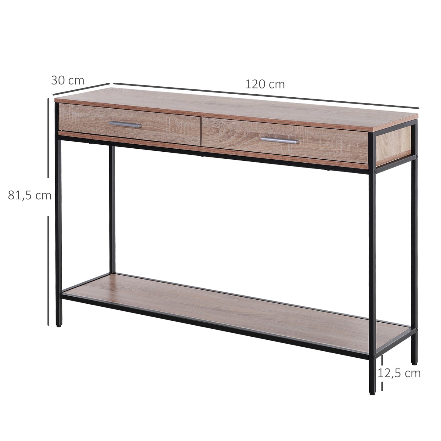 HOMCOM Consola para Recibidor Mueble para Recibidor Estilo Industrial con Cajones y Estructura de Acero para Entrada Pasillo 120x30x81,5 cm Roble