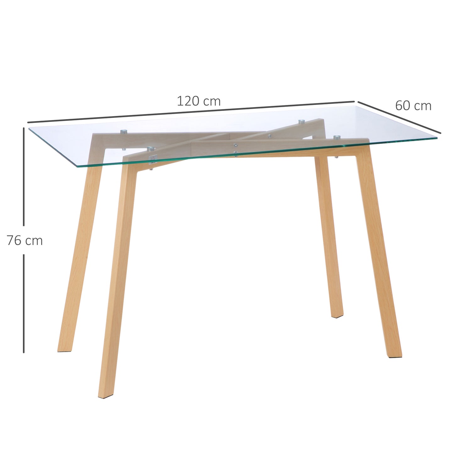 HOMCOM Mesa de Comedor para 4 Personas Mesa de Cocina Moderna con Tablero de Vidrio Templado y Patas de Acero con Efecto Madera para Salón 120x60x76 cm Transparente