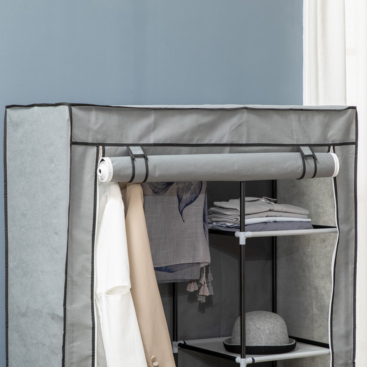 HOMCOM Armario de Tela Plegable Armario de Ropa Organizador Ropero Portátil con Estantes y Barra para Colgar para Dormitorio Vestidor 103x43x162,5 cm Gris