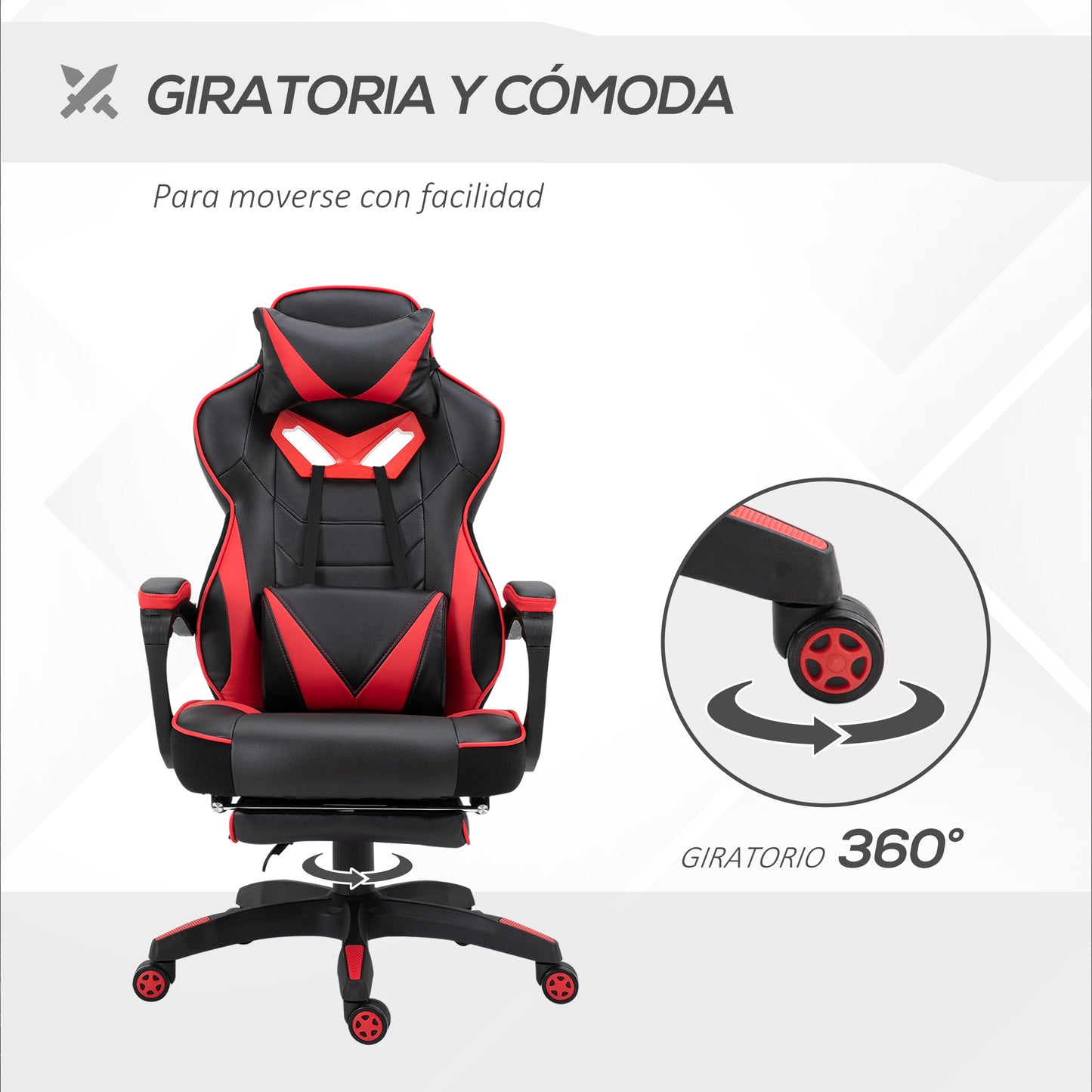 Vinsetto Silla Gaming Ergonómica Silla de Escritorio de Oficina Regulable en Altura Reclinable Respaldo con Reposapiés Reposacabezas Cojín Lumbar Ruedas 65x70x118,5-128,5 cm Rojo