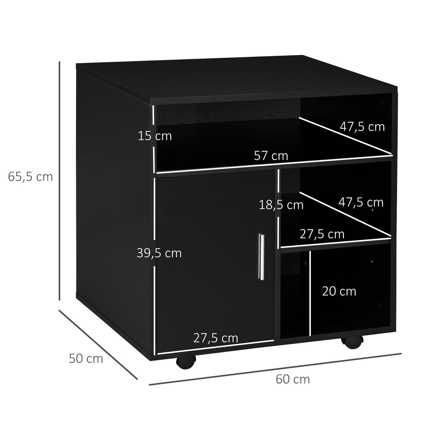 HOMCOM Mueble con Ruedas para Impresora Armario de Oficina Multifuncional con Estantes con Amplio Espacio de Almacenaje 60x50x65,5 cm Negro