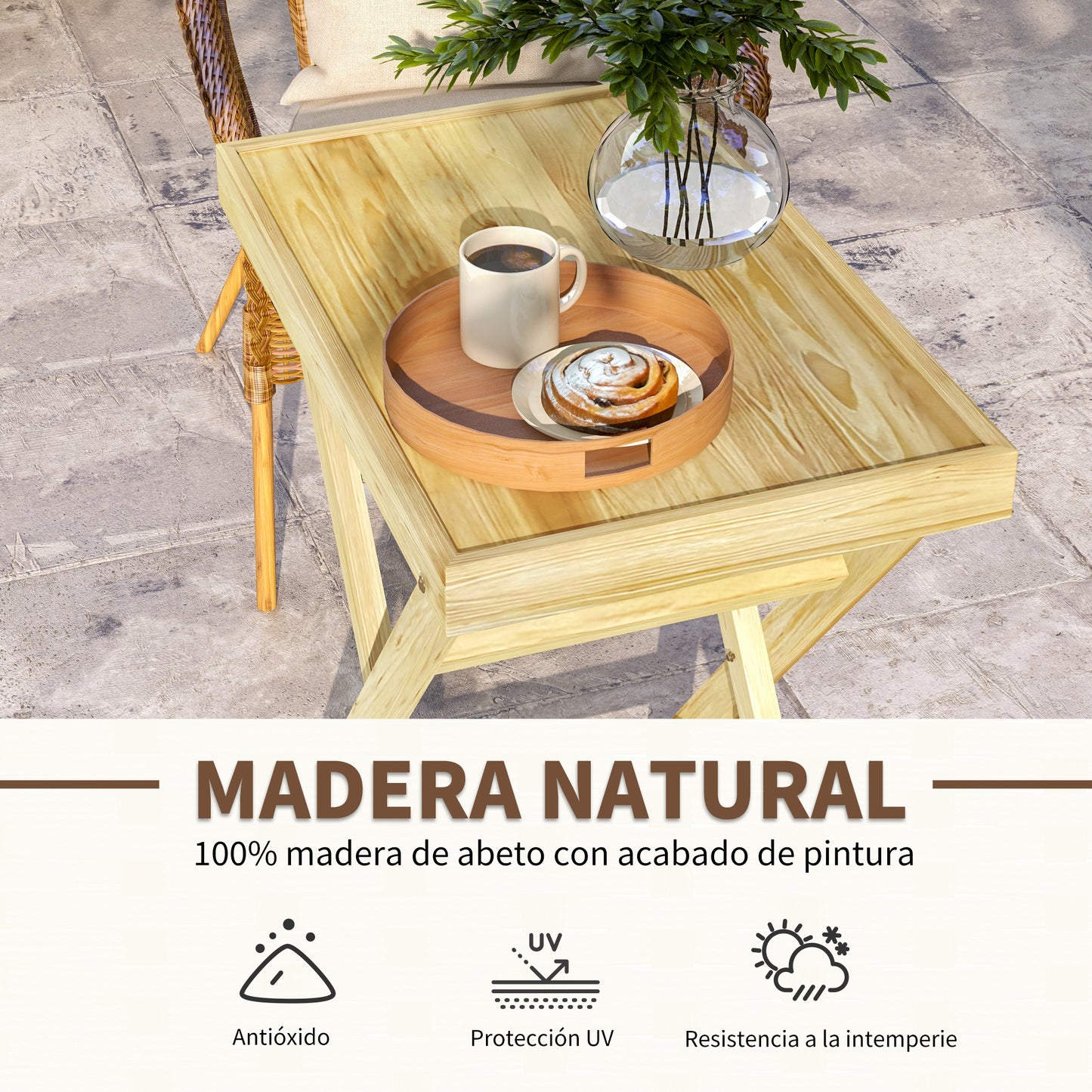 Outsunny Mesa de Jardín Rectangular Mesa de Exterior de Terraza de Madera Carga 40 kg para Balcón Patio 68x44x75 cm Natural