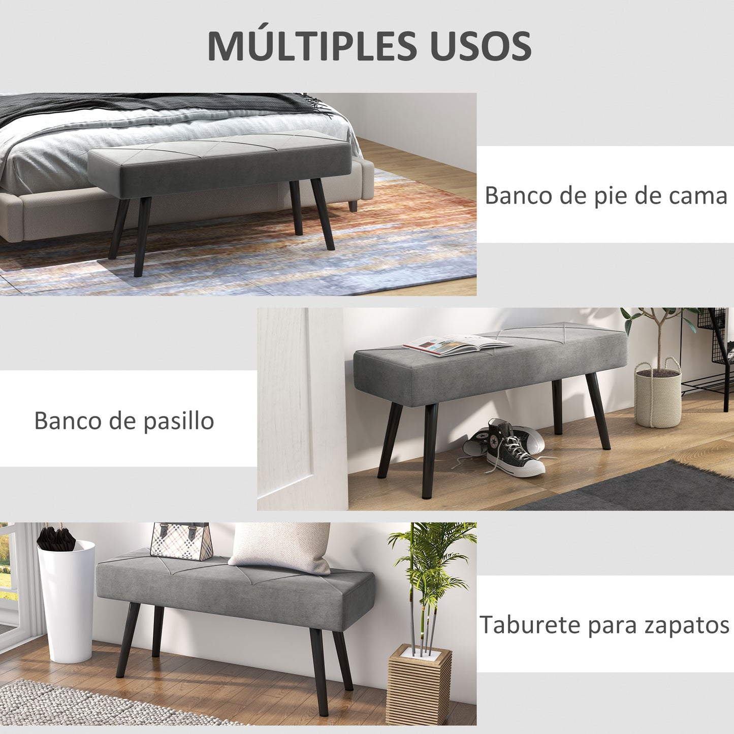 HOMCOM Taburete Pie de Cama Multifuncional Banco Pie de Cama Moderno Banco Dormitorio con Pies de Acero y Asiento Acolchado Carga 120 kg para Entrada Pasillo 100x36x45 cm Gris