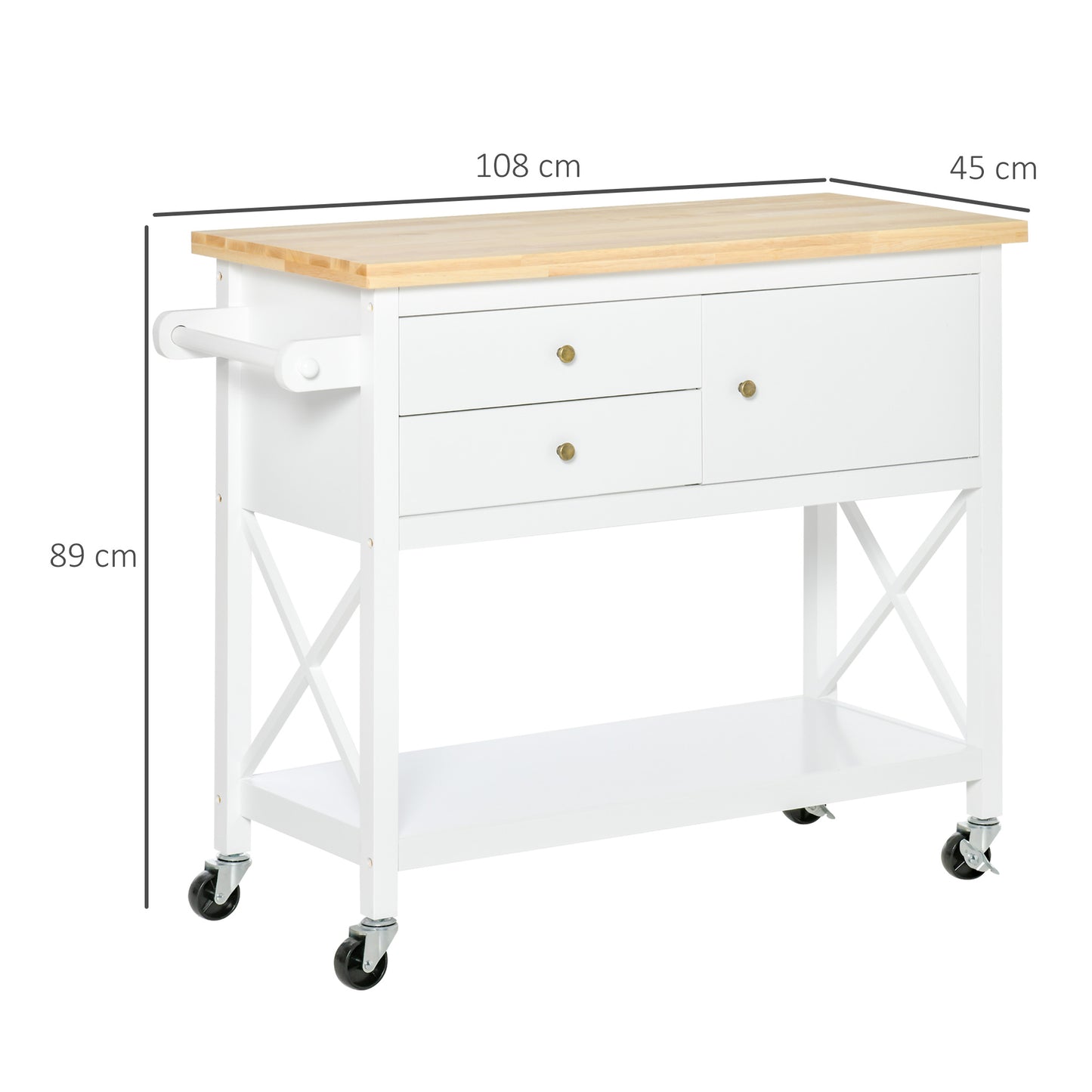 HOMCOM Carrito Auxiliar con Ruedas Carro de Cocina Carro Multiusos con 2 Cajones Puerta Estante Inferior y Asa Lateral 108x45x89 cm Blanco