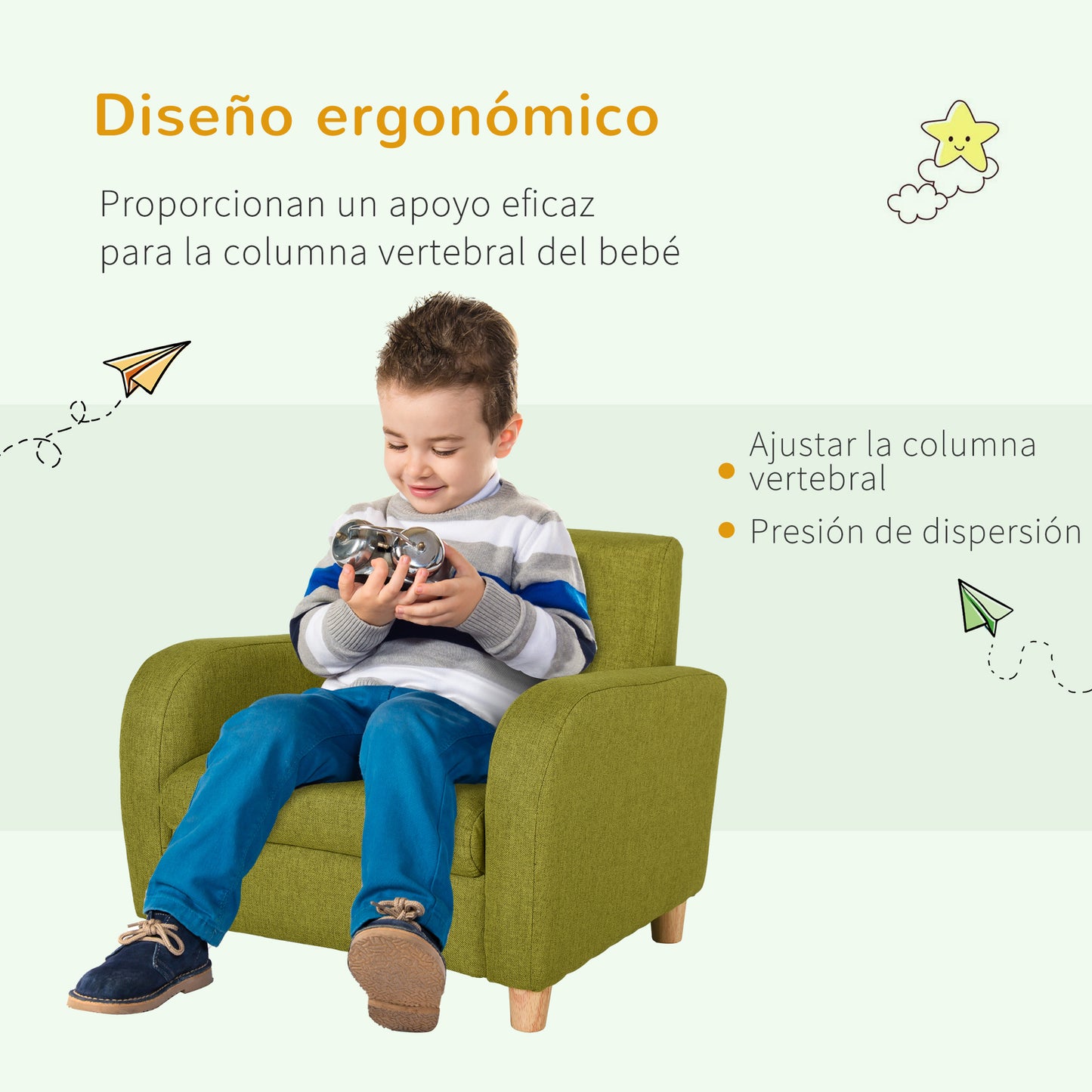 HOMCOM Sillón Infantil Mini Sofá para Niños de +3 Años con Asiento Acolchado Reposabrazos y Estructura de Madera Carga Máx. de 65 kg 49x45x44 cm Verde