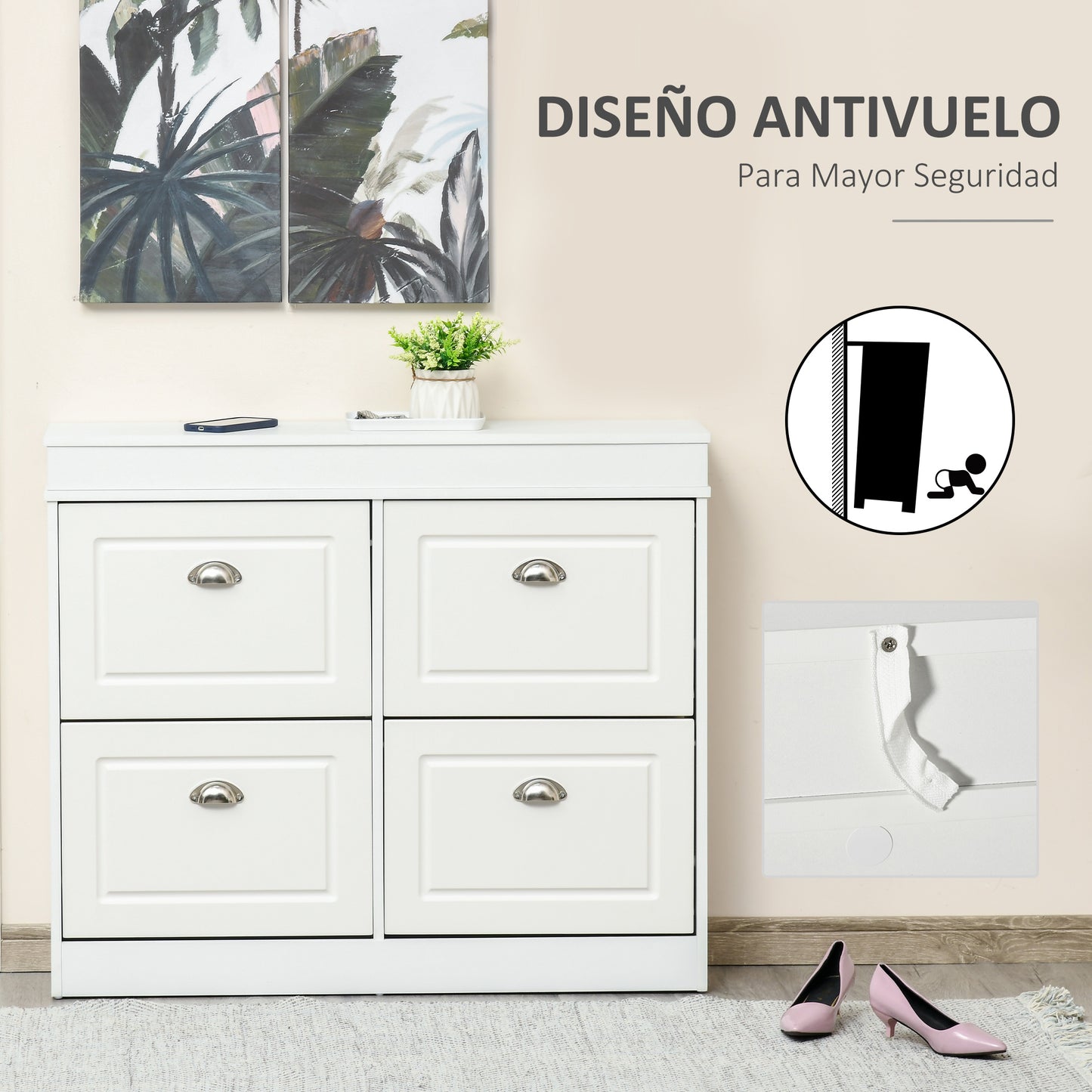 HOMCOM Mueble Zapatero de 4 Puertas Zapatero Estrecho con Estantes Ajustables y Extraíbles Capacidad de 16 Pares para Pasillo Entrada Recibidor 98x24x83 cm Blanco