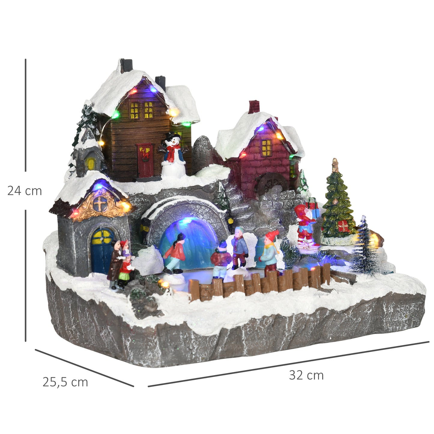 HOMCOM Pueblo Navideño Escena Navideña Iluminado con Luces LED Árbol Giratorio y Pista de Patinaje Decoración Navideña sobre Mesa 32x25,5x24 cm Multicolor