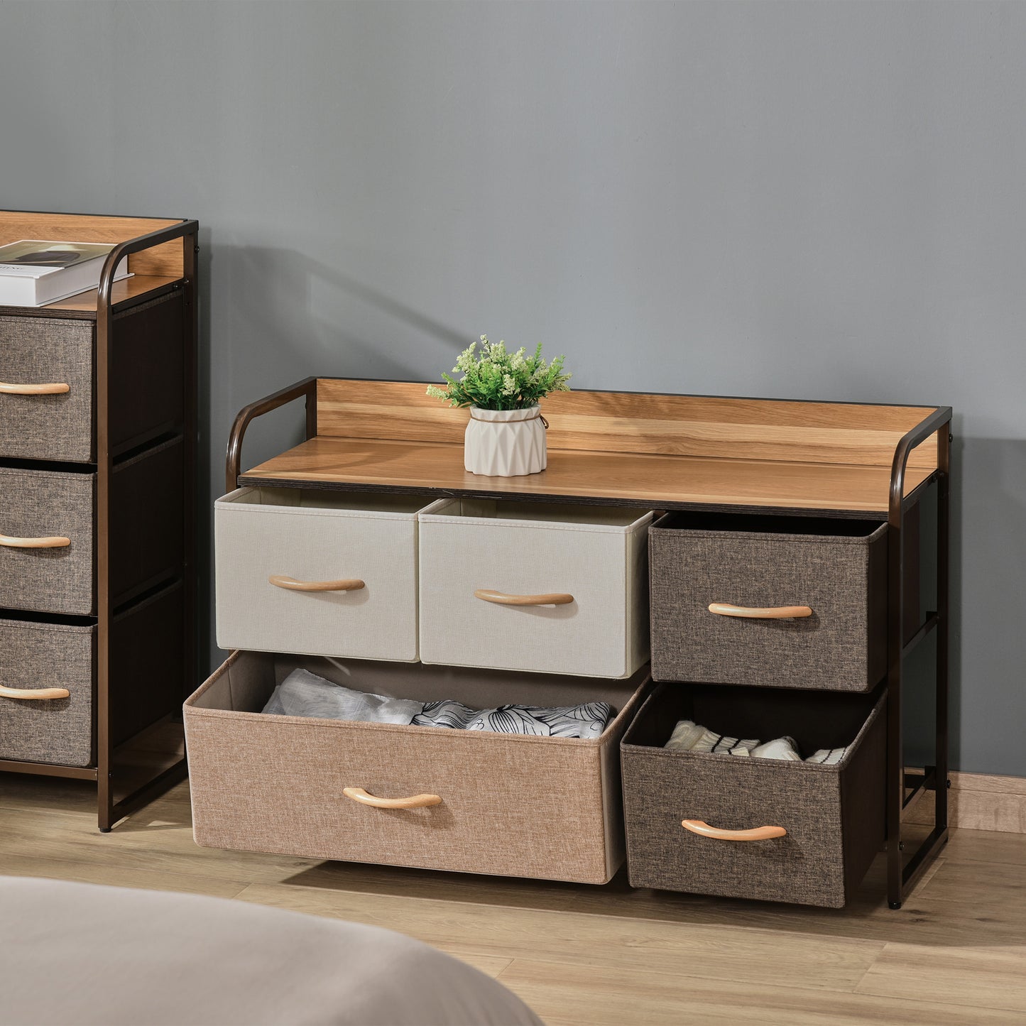 HOMCOM Mueble Organizador Cajonera de Tela con Cajones Plegable y Marco Metálico Antivuelco para Salón Recibidor Dormitorio 87,5x29x58 cm Multicolor