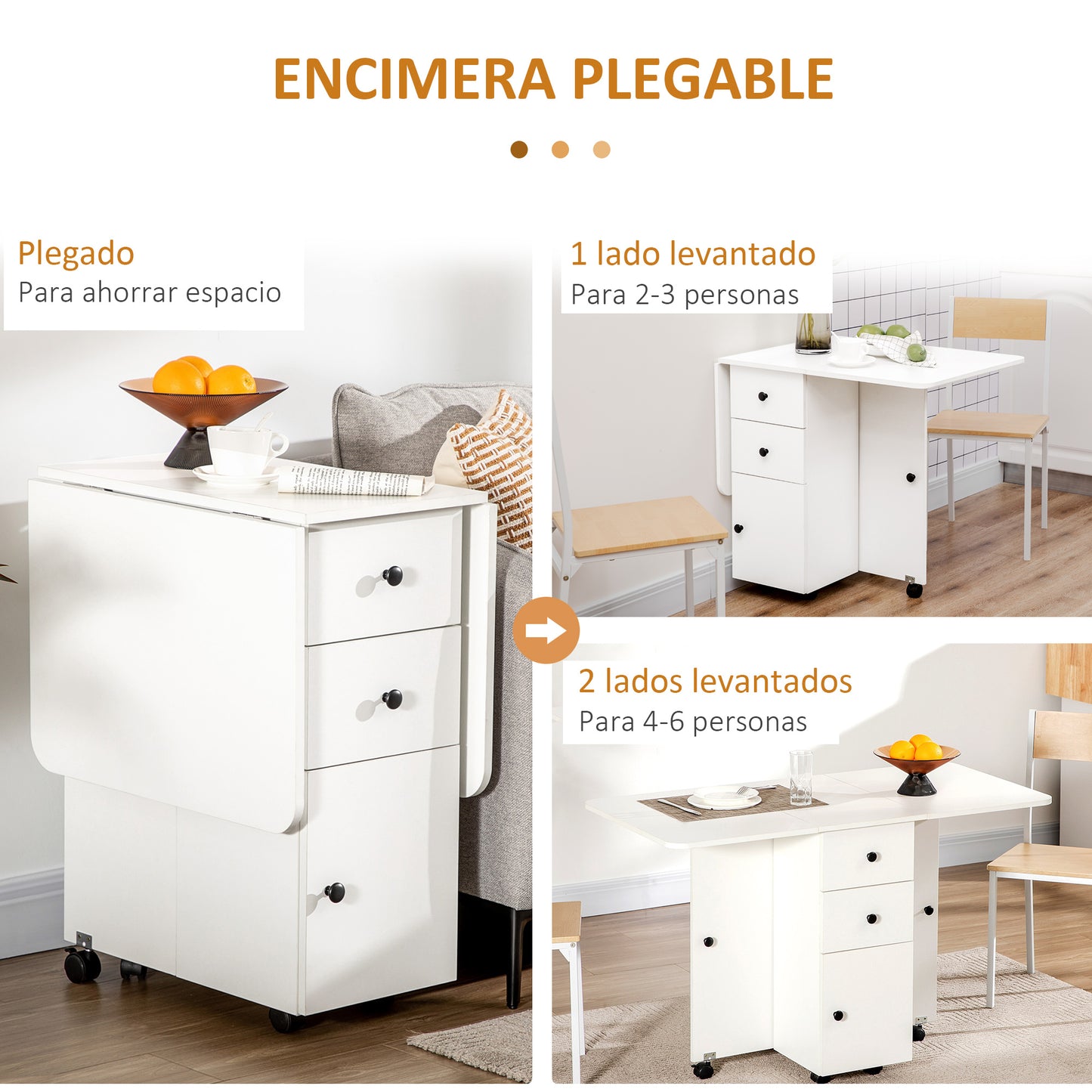 HOMCOM Mesa Plegable de Comedor Mesa de Cocina Plegable con Ruedas Alas Abatibles Cajones y Armario Mesa Plegable para 4-6 Personas 120x60x76,5 cm Blanco