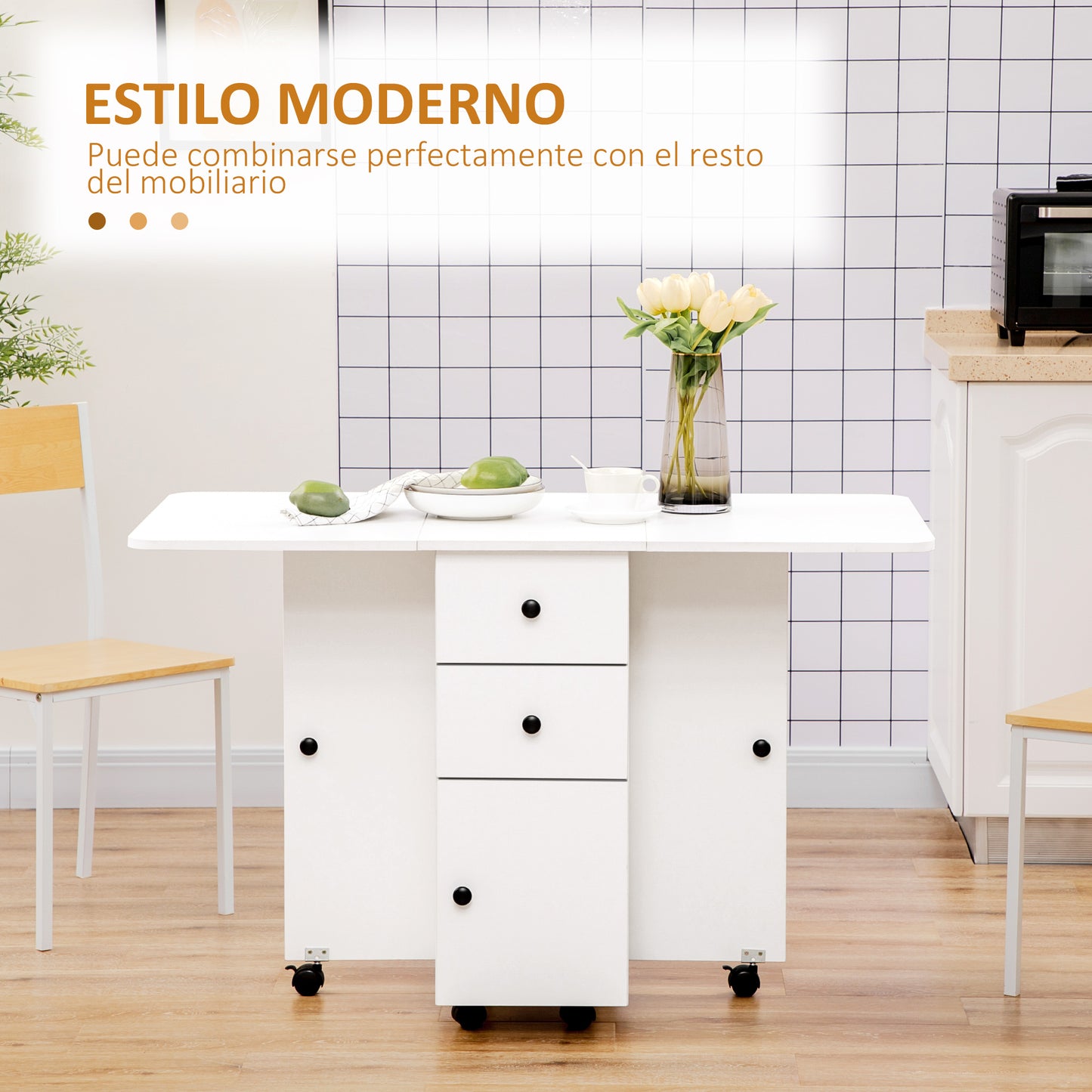 HOMCOM Mesa Plegable de Comedor Mesa de Cocina Plegable con Ruedas Alas Abatibles Cajones y Armario Mesa Plegable para 4-6 Personas 120x60x76,5 cm Blanco