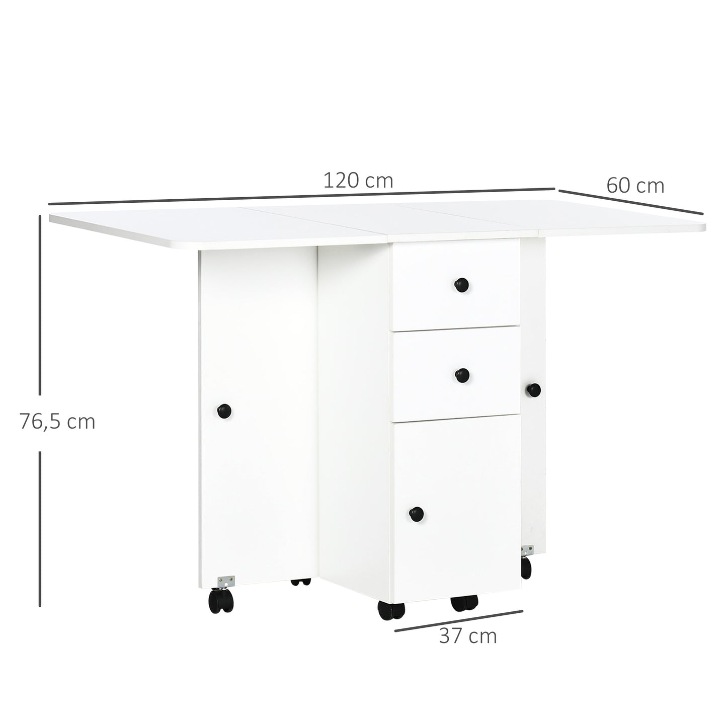 HOMCOM Mesa Plegable de Comedor Mesa de Cocina Plegable con Ruedas Alas Abatibles Cajones y Armario Mesa Plegable para 4-6 Personas 120x60x76,5 cm Blanco