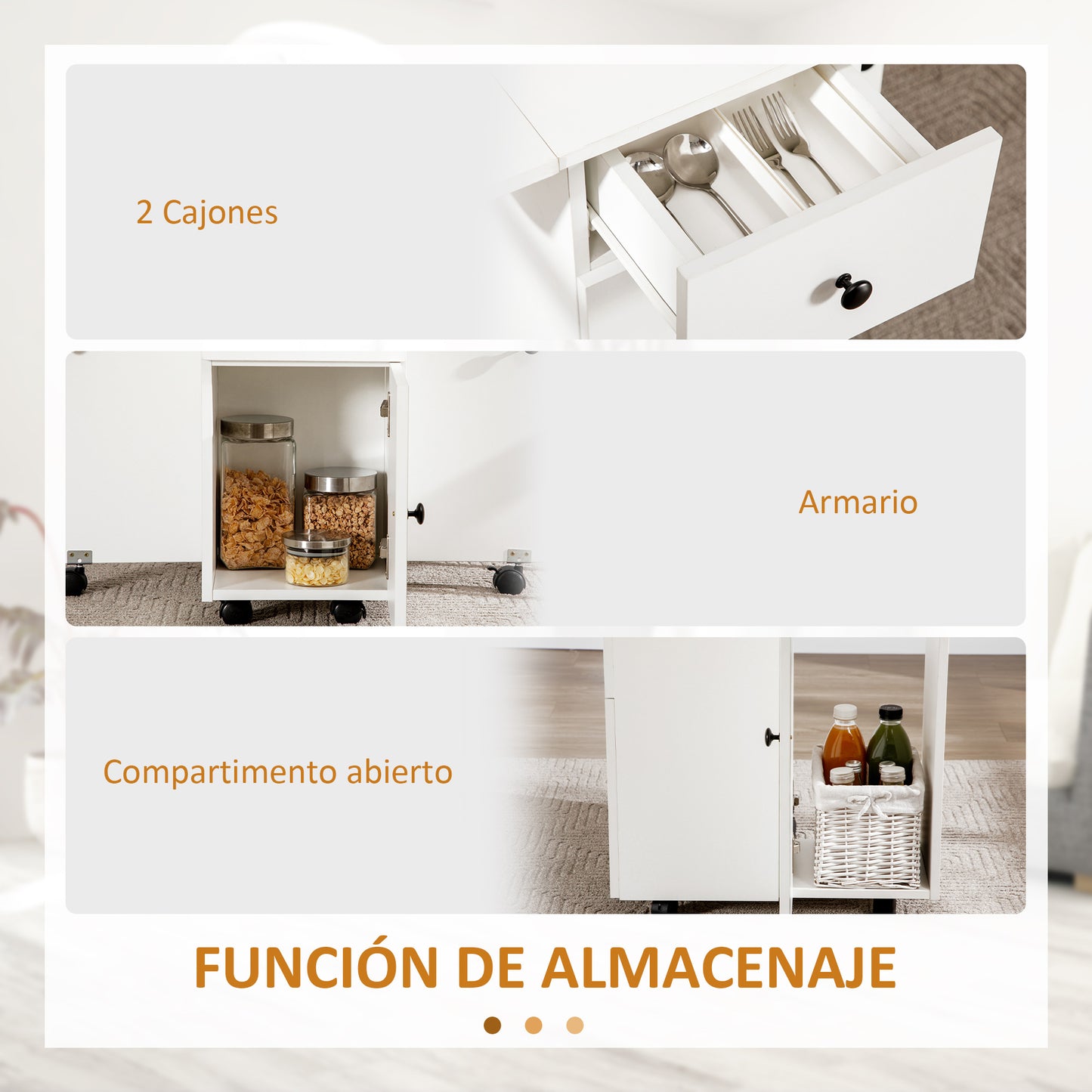 HOMCOM Mesa Plegable de Comedor Mesa de Cocina Plegable con Ruedas Alas Abatibles Cajones y Armario Mesa Plegable para 4-6 Personas 120x60x76,5 cm Blanco