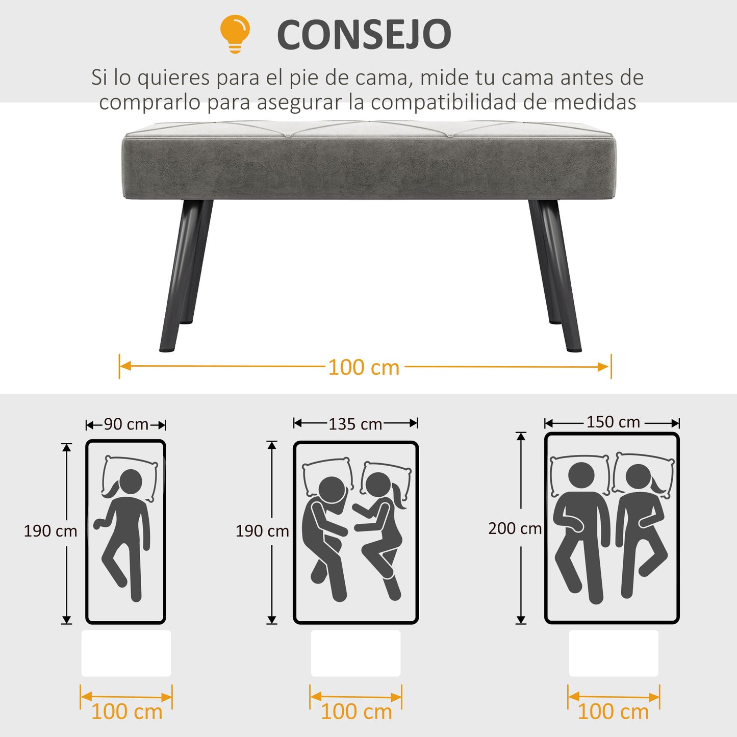 HOMCOM Taburete Pie de Cama Multifuncional Banco Pie de Cama Moderno Banco Dormitorio con Pies de Acero y Asiento Acolchado Carga 120 kg para Entrada Pasillo 100x36x45 cm Gris