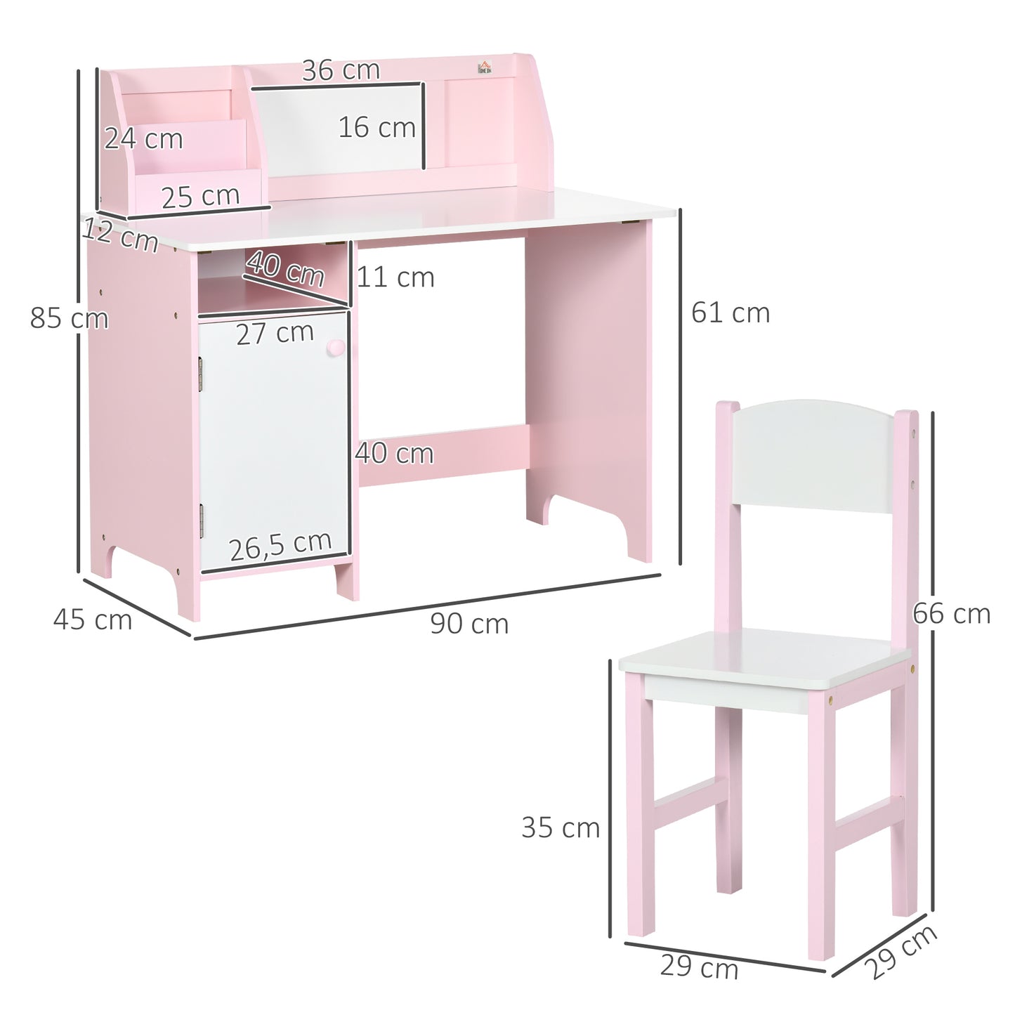 HOMCOM Juego de Mesa y Silla Infantil de Madera con Pizarra Blanca Mesa de Estudio para Niños de +5 Años Mueble Escritorio Infantil 90x45x85 cm Rosa