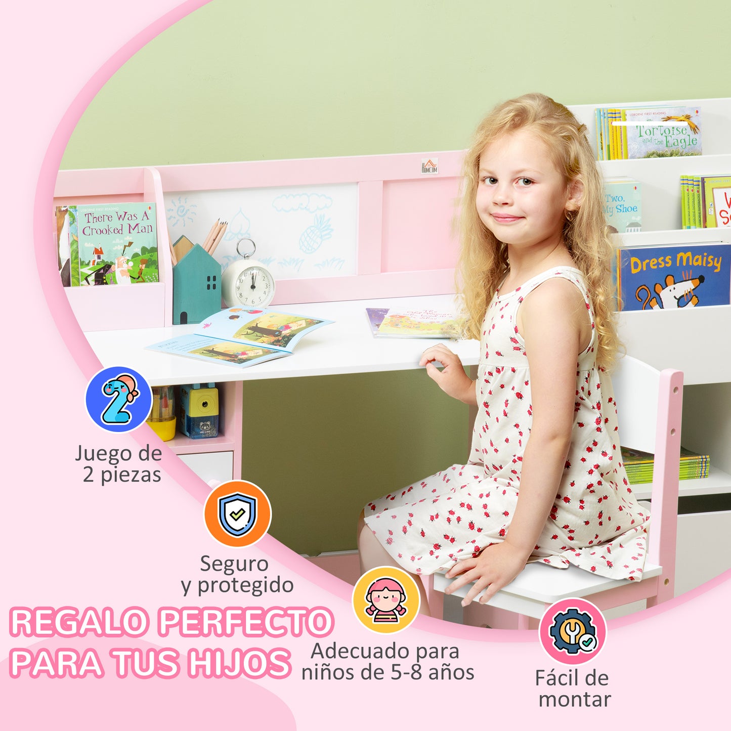 HOMCOM Juego de Mesa y Silla Infantil de Madera con Pizarra Blanca Mesa de Estudio para Niños de +5 Años Mueble Escritorio Infantil 90x45x85 cm Rosa