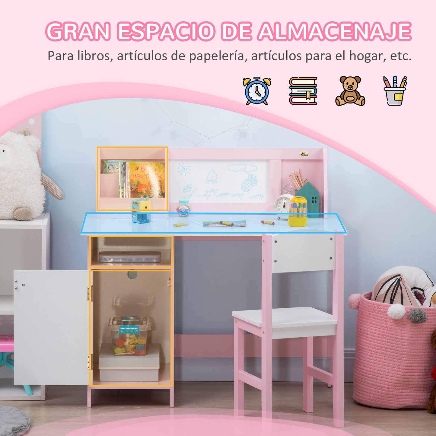 HOMCOM Juego de Mesa y Silla Infantil de Madera con Pizarra Blanca Mesa de Estudio para Niños de +5 Años Mueble Escritorio Infantil 90x45x85 cm Rosa