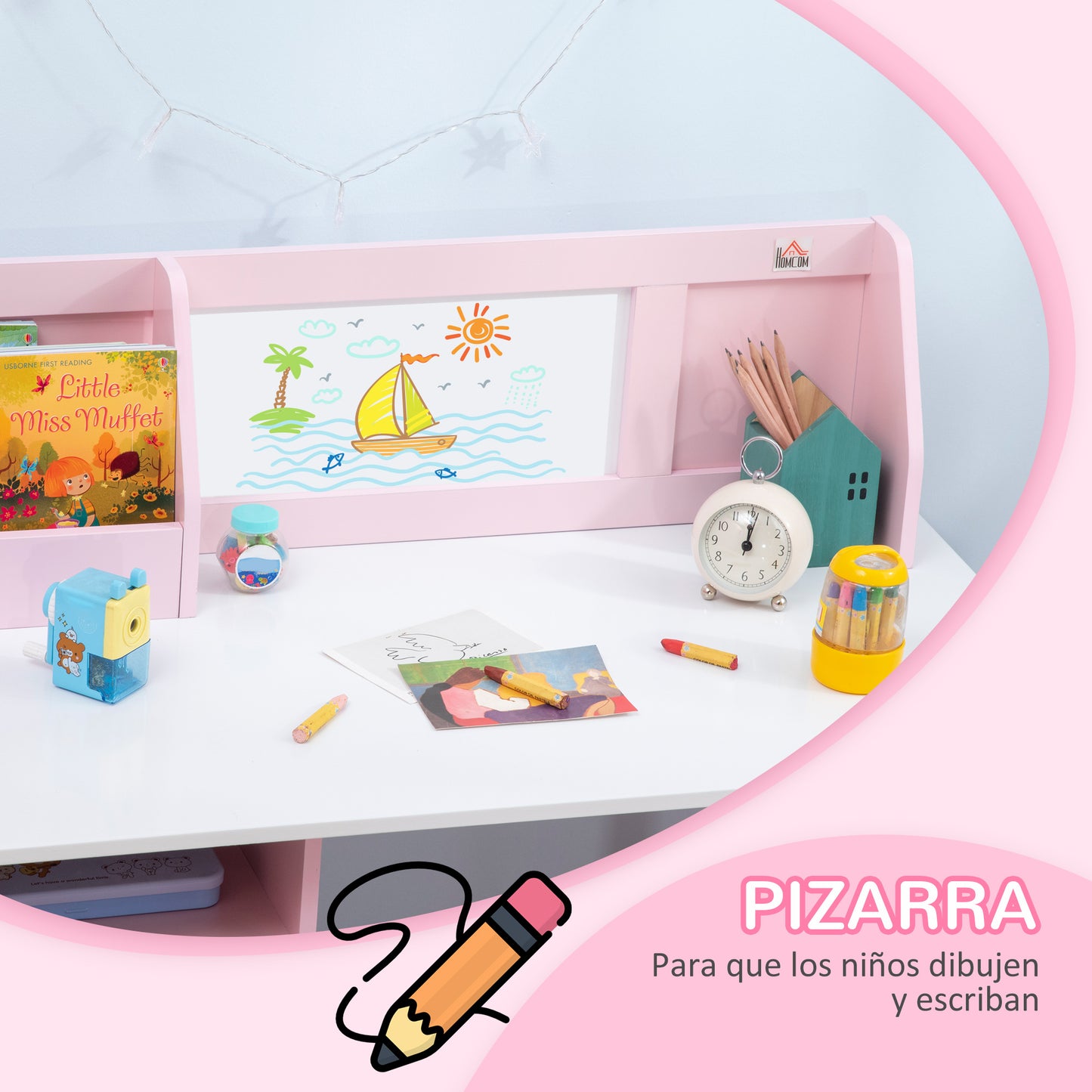 HOMCOM Juego de Mesa y Silla Infantil de Madera con Pizarra Blanca Mesa de Estudio para Niños de +5 Años Mueble Escritorio Infantil 90x45x85 cm Rosa