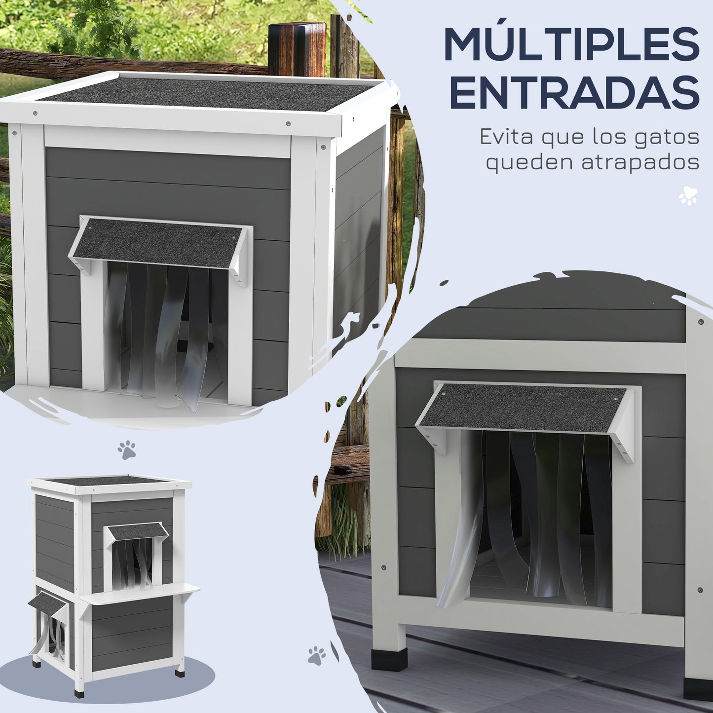 PawHut Casa para Gatos de Madera 60x60x81,5 cm Caseta para Gatos de 2 Niveles Refugio para Gatos con Cueva Cortina de Puerta Aleros Impermeables y Terraza para Interior y Exterior Gris y Blanco