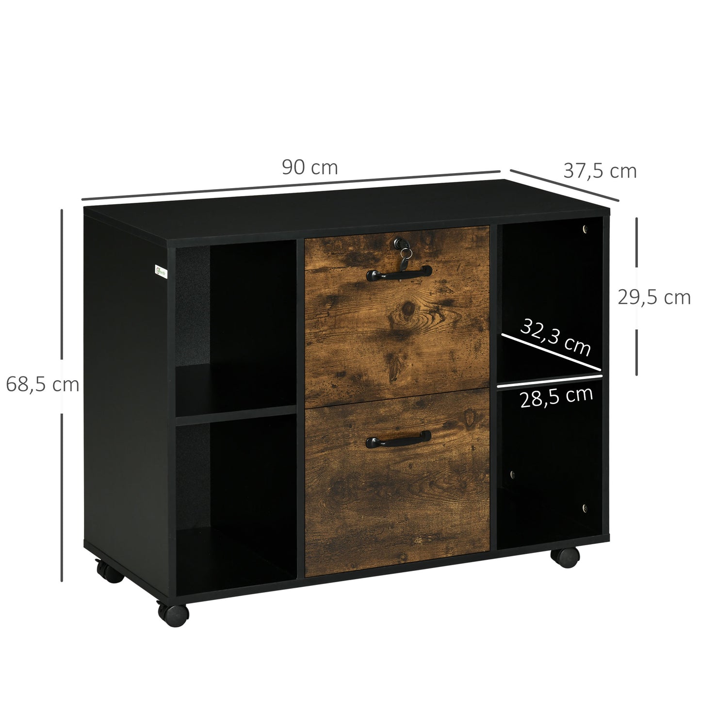 Vinsetto Mueble Impresora con Ruedas y 2 Cajones Armario para Impresora con Cerradura y Estantes Abiertos para Documentos Tamaño Carta y A4 90x37,5x68,5 cm Marrón Rústico y Negro