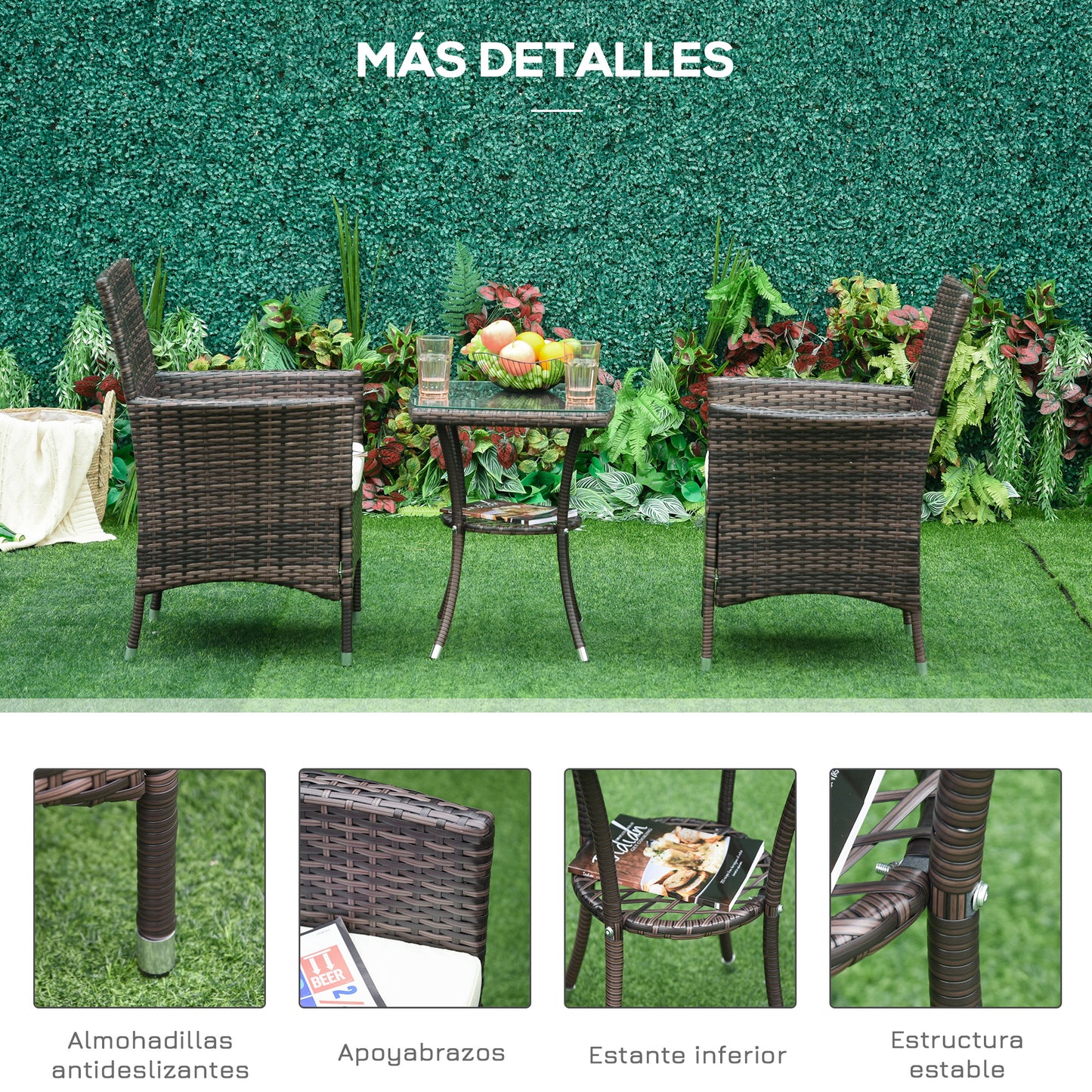 Outsunny Conjunto de Muebles para Jardín Juegos de Muebles de Ratán Incluye 1 Mesa y 2 Sillones con Cojines Estructura de Metal para Terraza Patio Marrón