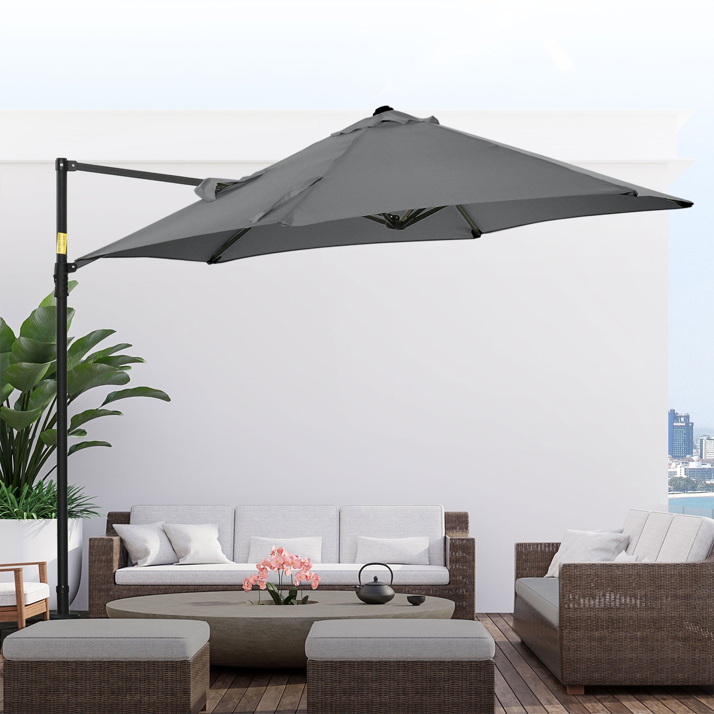 Outsunny Sombrilla de Jardín Ø256x245 cm Parasol Excéntrico Rotación de 360° con Apertura Manual y Base Cruzada para Patio Terraza Exterior Gris Oscuro