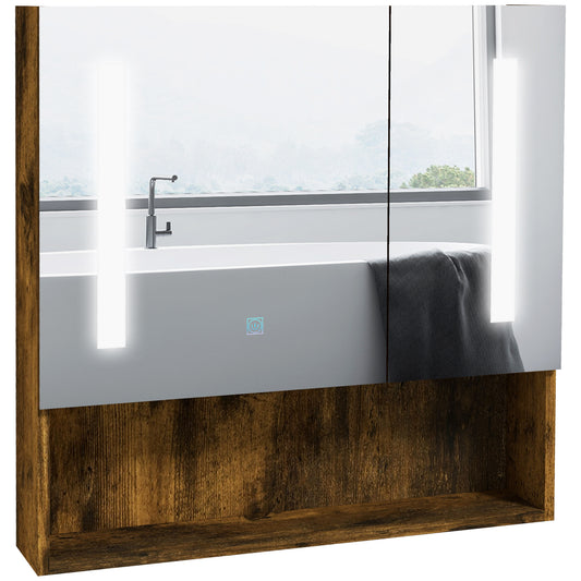 kleankin Armario de Baño con Espejo y Luz LED Mueble con Espejo de Pared con 2 Puertas Estante Ajustable Interruptor Táctil y Color de Luz Ajustable 70x15x70 cm Marrón Rústico