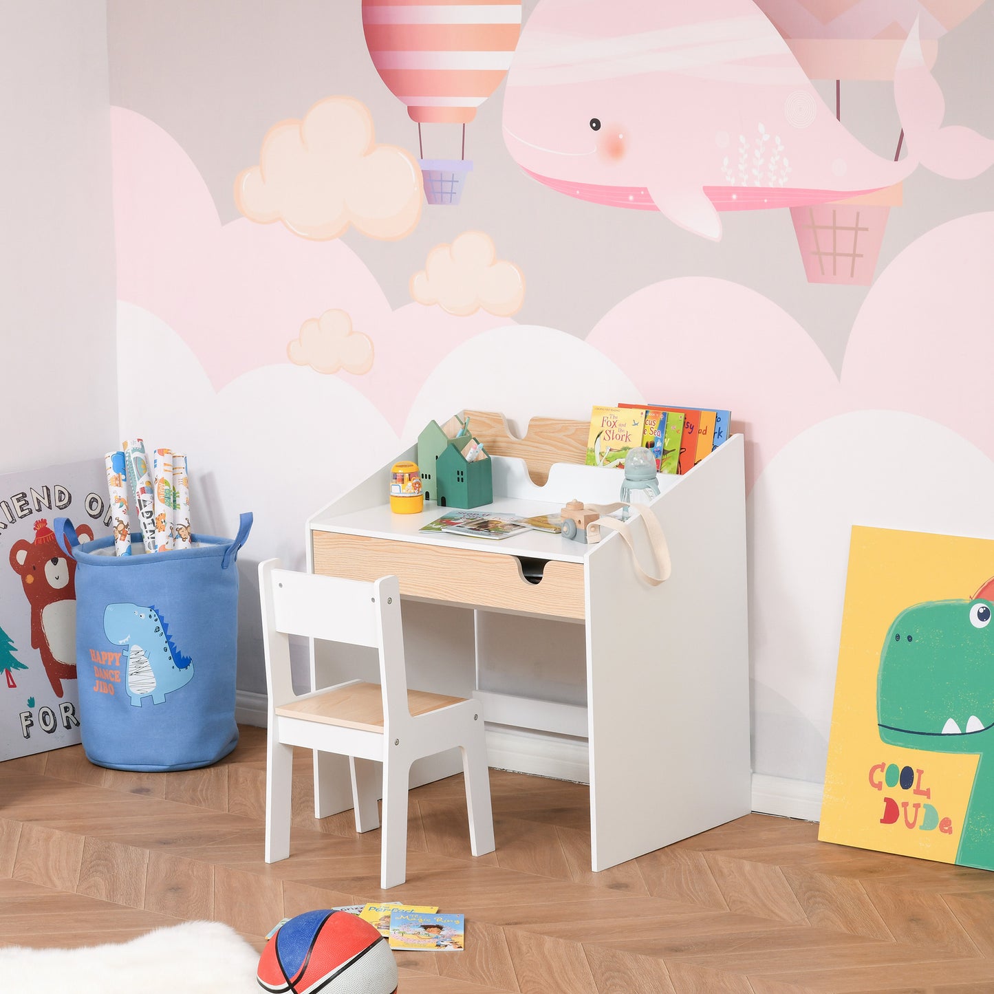 HOMCOM Escritorio para Niños con Silla de 3 a 6 Años Pupitre Infantil 2 en 1 Conjunto de Escritorio 2 Piezas con Cajón y Eatantes de Libros 70x50x75 cm Blanco y Natural