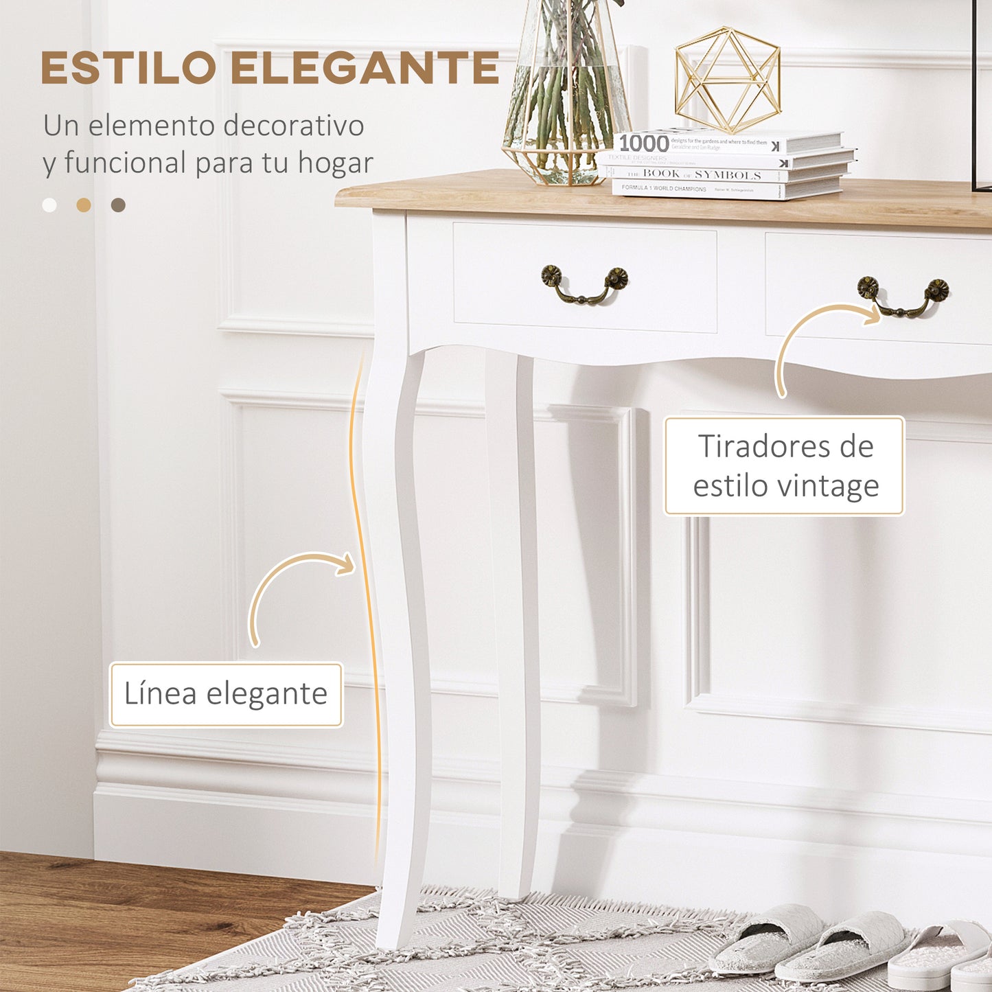 HOMCOM Mesa de Consola Mesa Auxiliar con 2 Cajones Diseño de Retro para Entrada Pasillo Sala de Estar Dormitorio Pino 87x34x78,5 cm Blanco