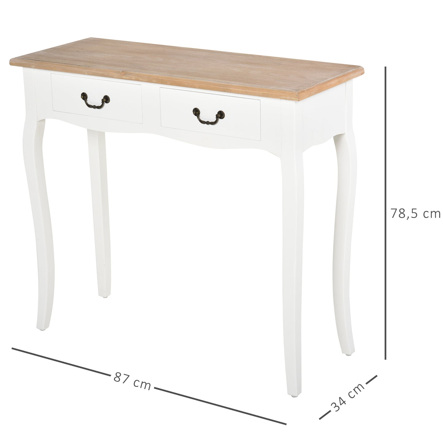 HOMCOM Mesa de Consola Mesa Auxiliar con 2 Cajones Diseño de Retro para Entrada Pasillo Sala de Estar Dormitorio Pino 87x34x78,5 cm Blanco