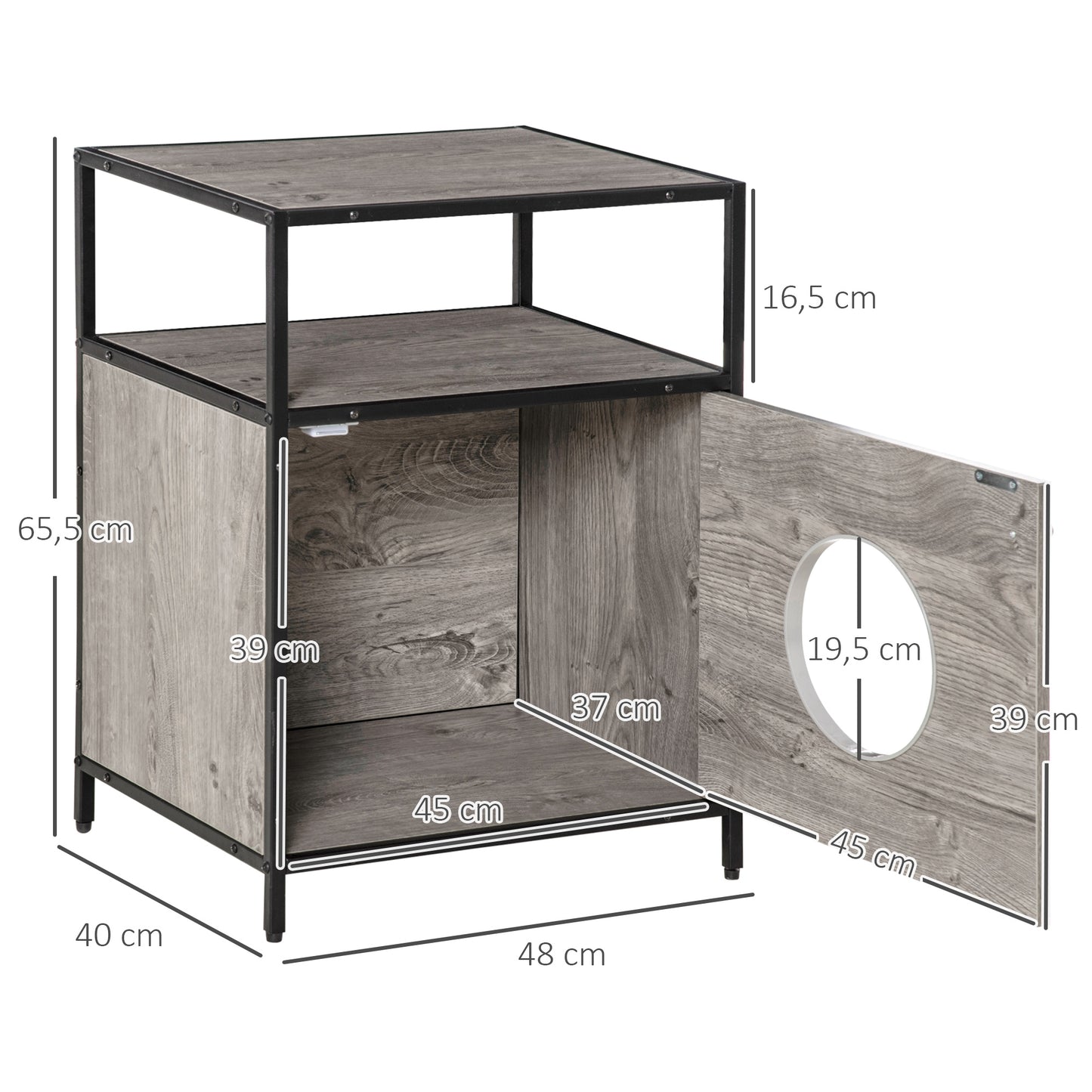 PawHut Casa para Gatos de Madera con Apariencia de Mesa Auxiliar con 2 Estantes de Almacenaje Cueva Gatos con Cojín Extraíble y Lavable 48x40x65,5 cm Roble Gris