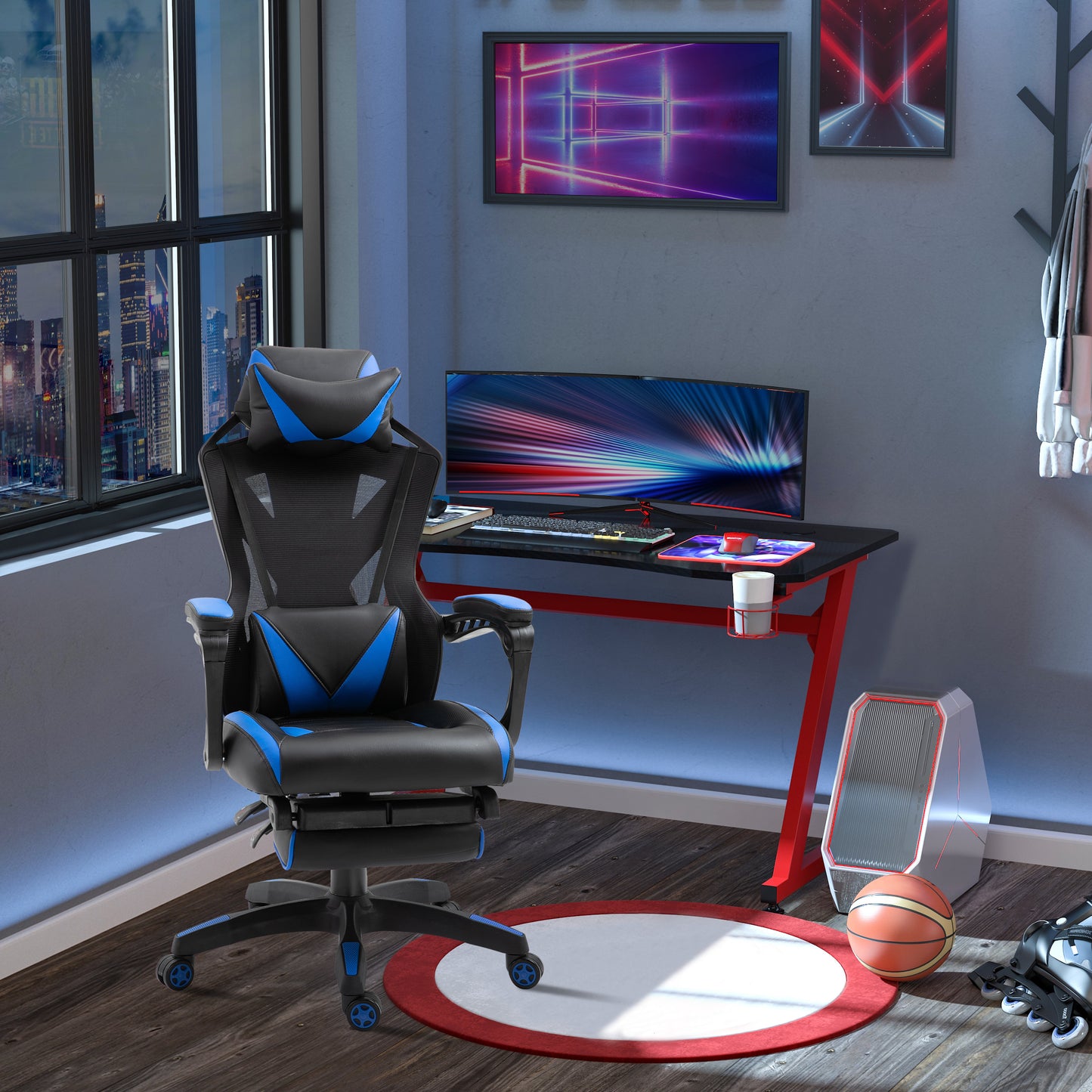 Vinsetto Silla Gaming Ergonómica Silla de Escritorio para Oficina con Altura Ajustable Respaldo Regulable de 170° Almohada Lumbar y Reposapiés Retráctil 65x70x117-125 cm Azul