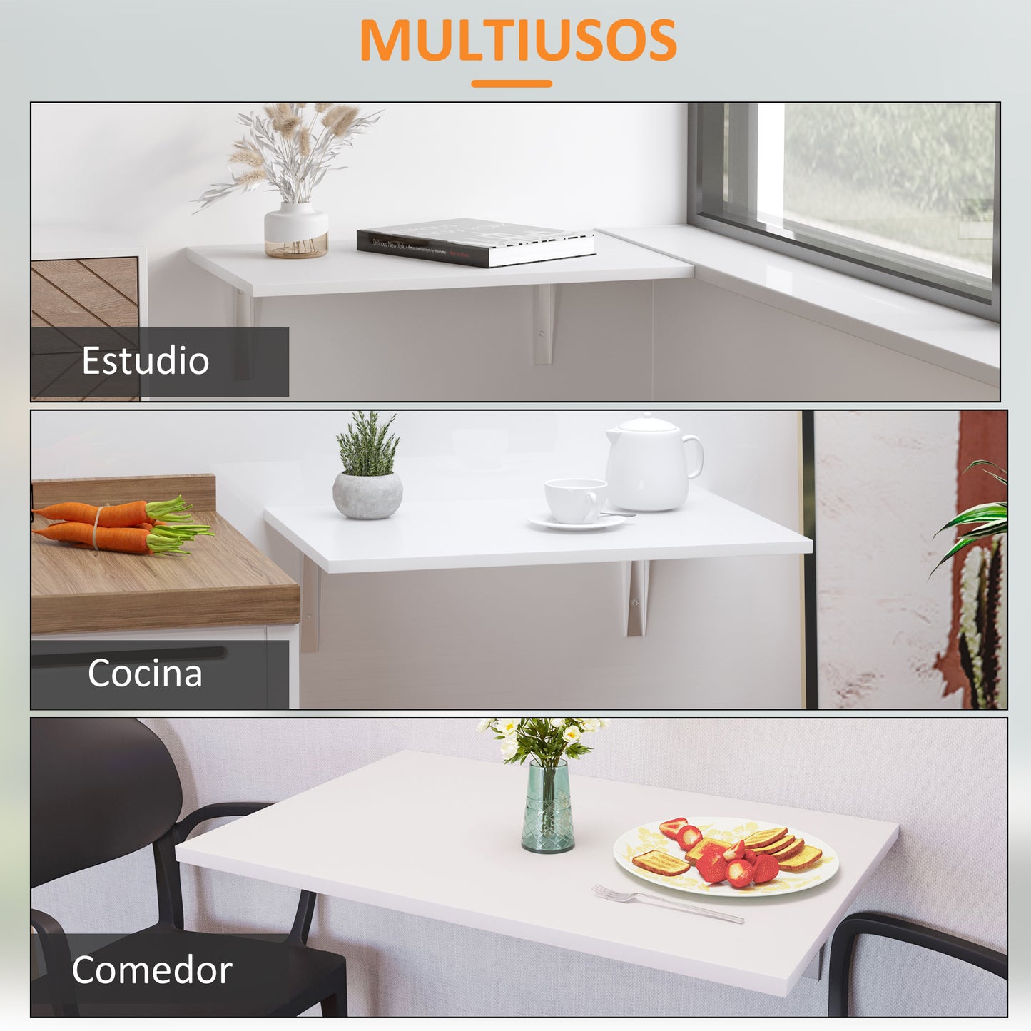 HOMCOM Mesa Plegable de Pared Mesa Abatible de Pared de Madera Ahorra Espacio para Cocina Comedor Dormitorio Carga 10 kg 60x40x20 cm Blanco