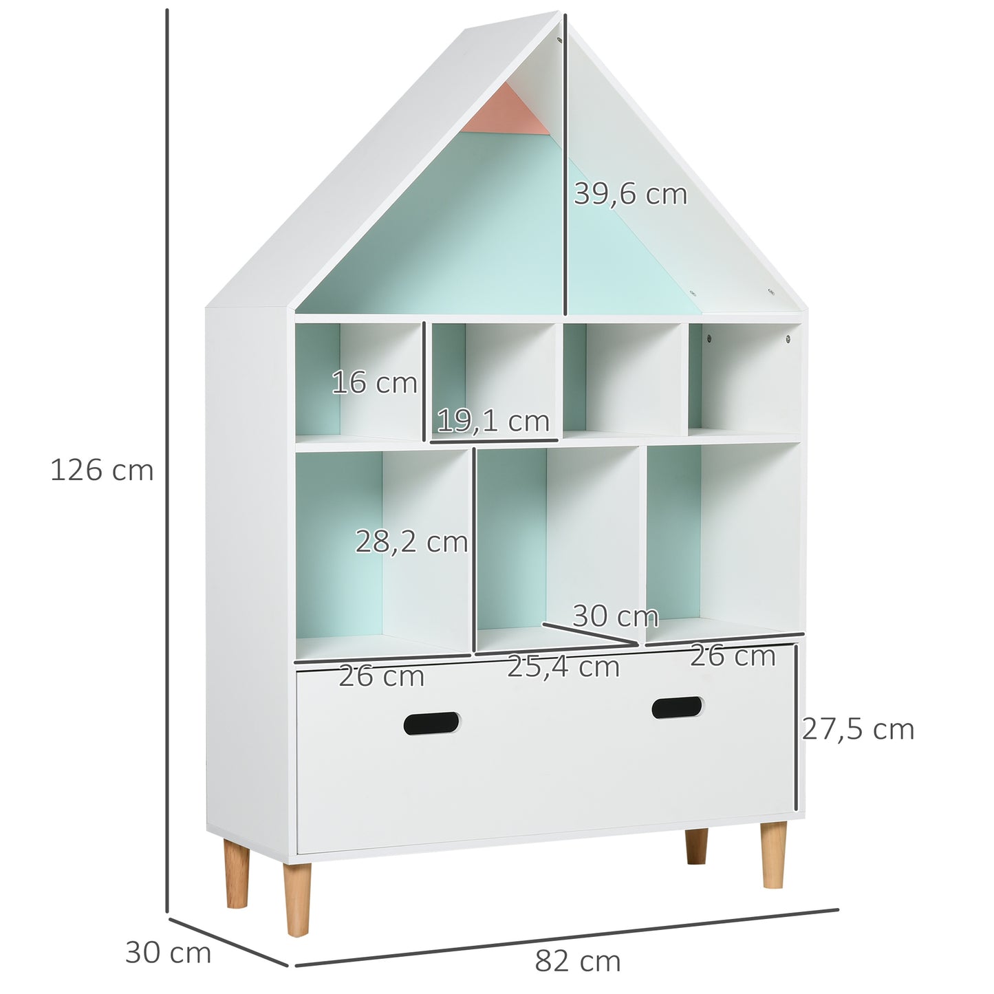 HOMCOM Estantería de Madera Infantil Forma de Casa Librería para Niños con 8 Compartimentos Abiertos y Cajón de 2 Colores 82x30x126 cm Blanco