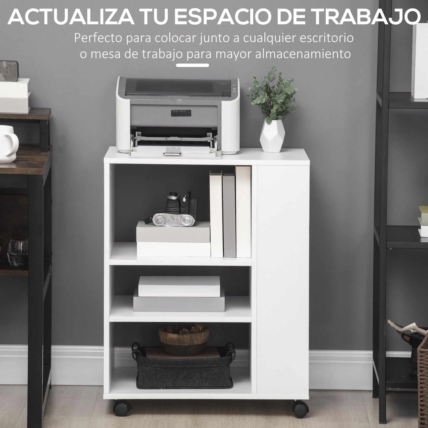 Vinsetto Armario para Impresora Mueble Auxiliar de Oficina con Ruedas con 3 Estantes Laterales y 2 Frenos Carga 30 kg para Dormitorio Cocina Salón 60x40x75,8 cm Blanco