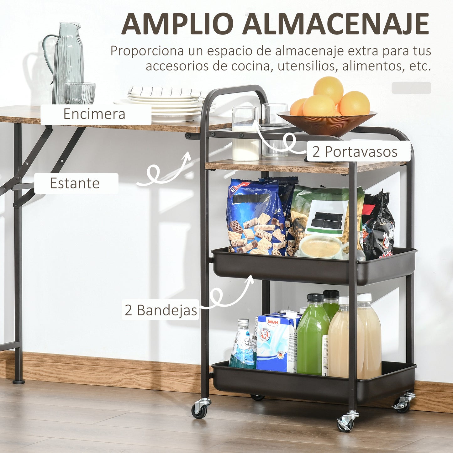 HOMCOM Carro de Cocina con Ruedas Carrito Auxiliar con Estantes de 3 Niveles Hoja Abatible y 2 Portavasos Multiusos para Comedor 118x36,5x82 cm Marrón Rústico