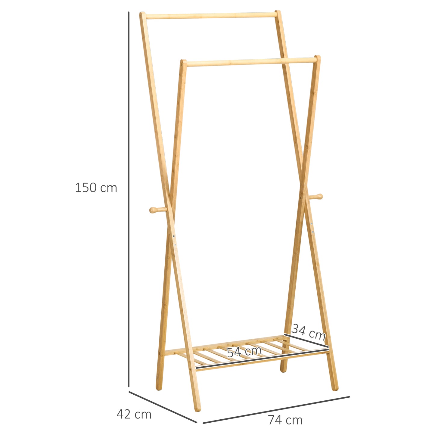 HOMCOM Perchero de Pie de Bambú Perchero con Estante para Zapatos Colgador de Ropa con 2 Barras y 2 Ganchos para Colgar para Pasillo Entrada Dormitorio 74x42x150 cm Natural