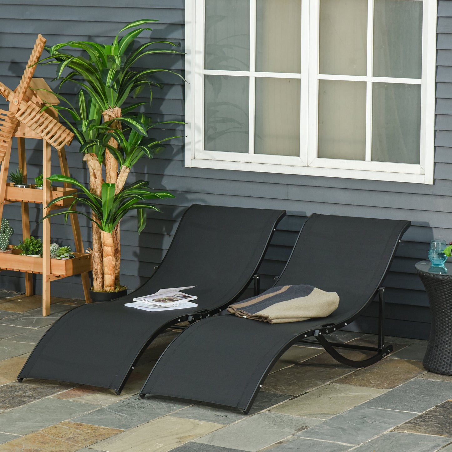 Outsunny 2 Tumbonas Plegables de Aluminio en Forma de S Ergonómica con Tela Texteline para Piscina Patio Jardín Terraza 165x61x63 cm Negro