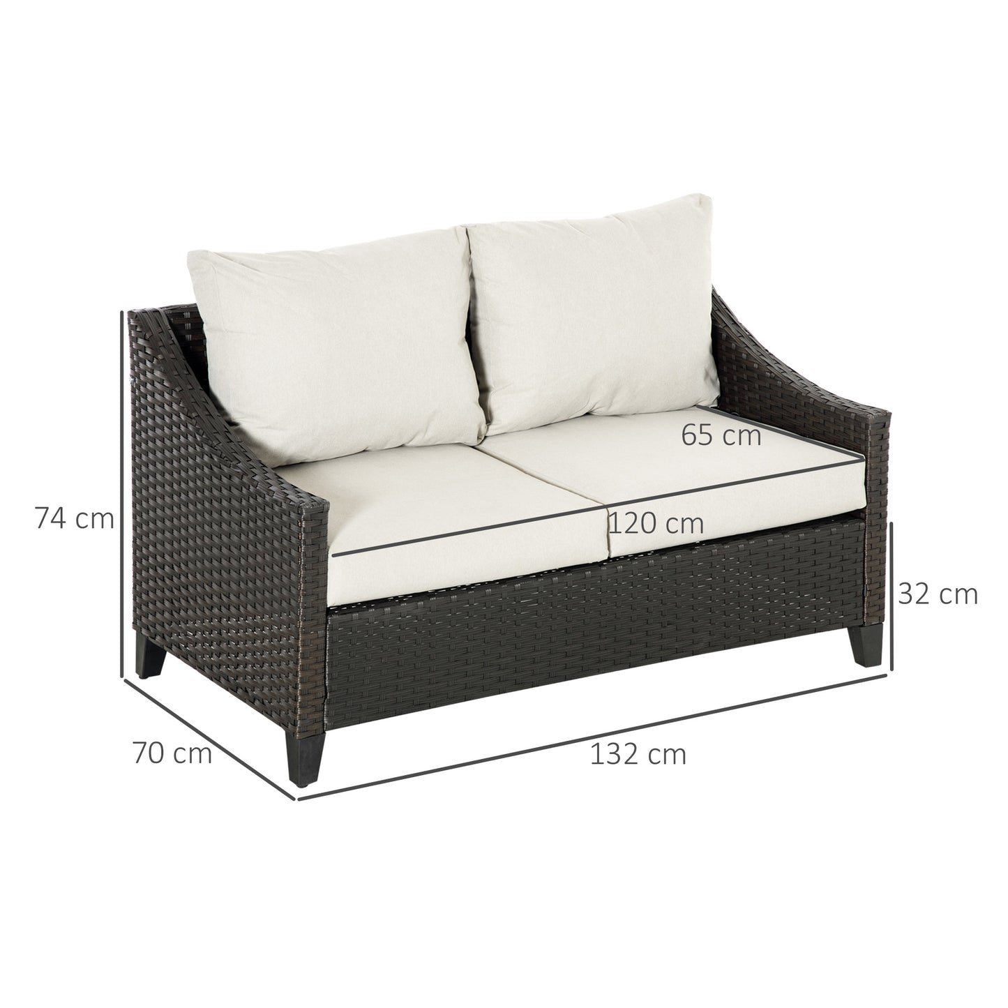 Outsunny Sofá de Ratán de 2 Plazas Sofá de Jardín Exterior con Cojines Acolchados Almohadas con Cremallera y Pies Ajustables para Terraza Balcón Patio 132x70x74 cm Marrón