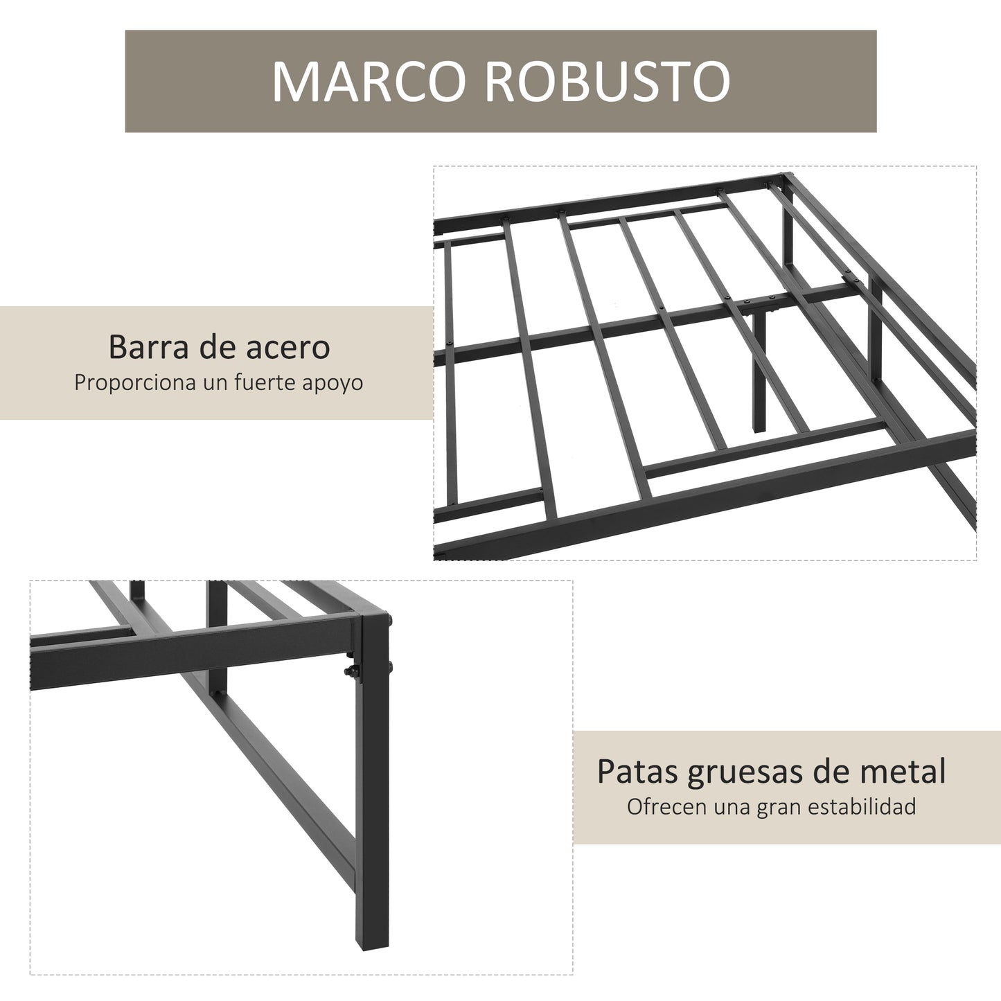 HOMCOM Marco de Cama Doble de Metal para Colchón 135x190 cm con Patas de 35 cm Estructura de Cama Matrimonio con Espacio Bajo de Almacenamiento 141,5x195x35 cm Negro