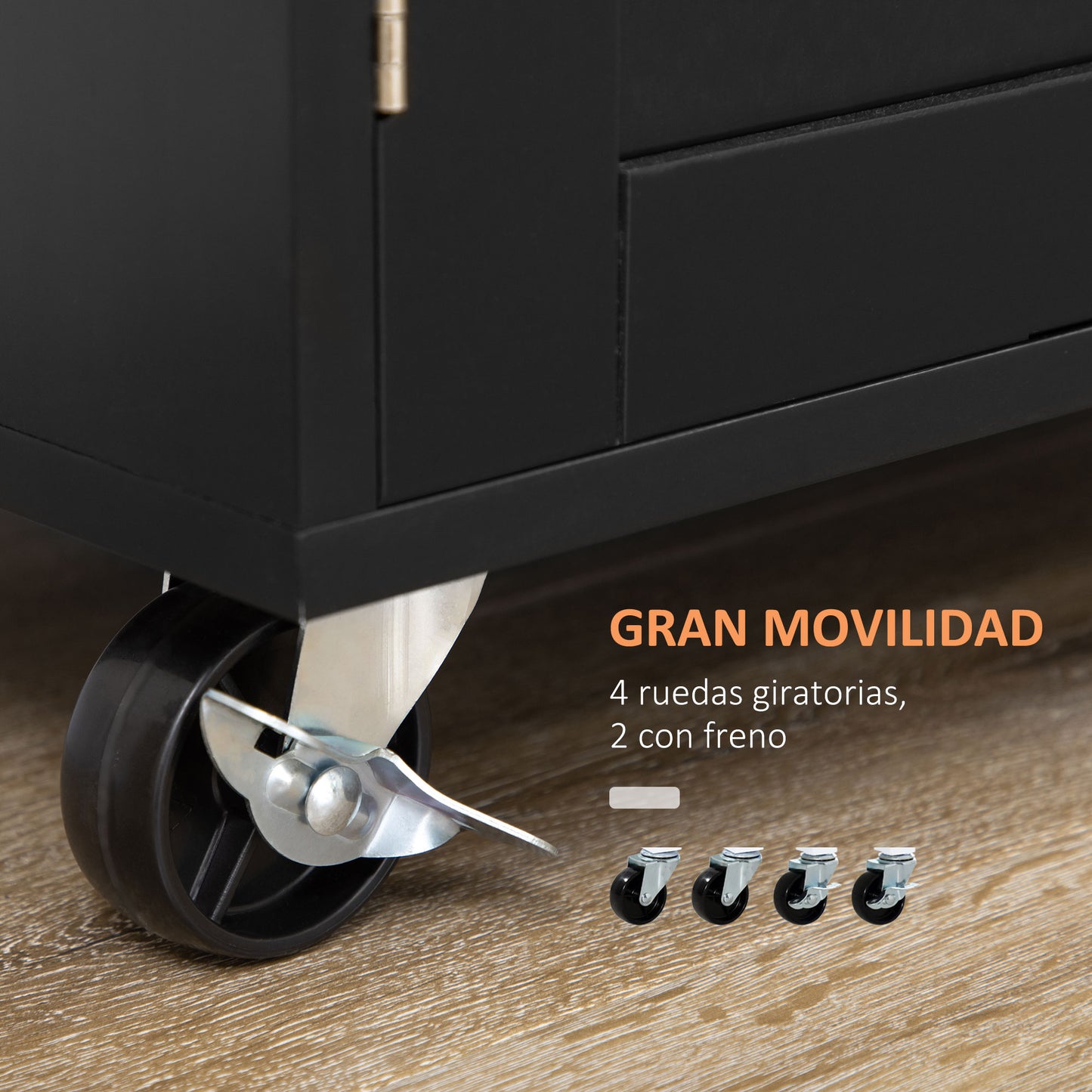 HOMCOM Carrito de Cocina con Armario con Puertas y Estante Interior Ajustable Cajón Barra y Especiero Móvil Aparador Auxiliar con Ruedas para Comedor 109x40x89 cm Negro