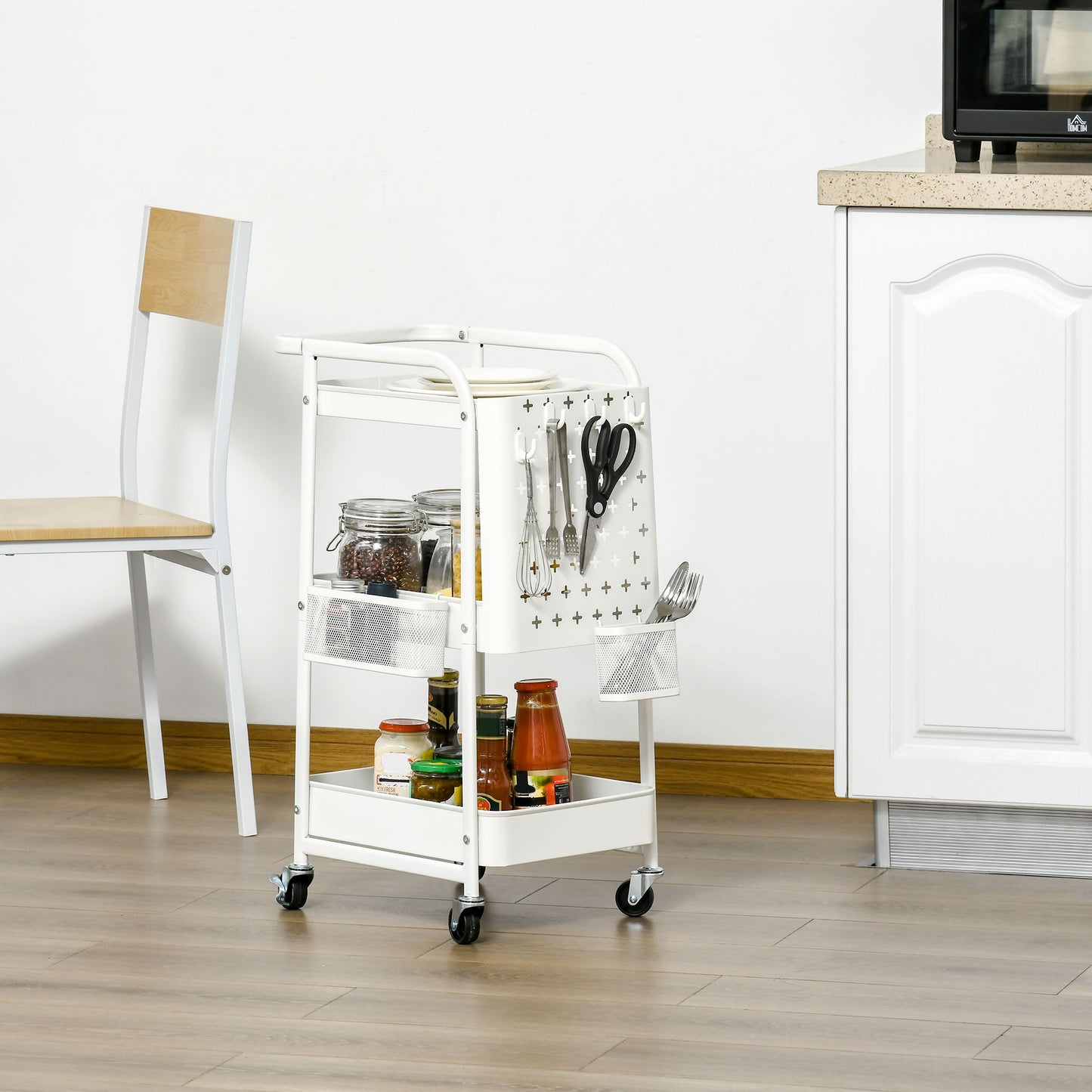 HOMCOM Carrito de Cocina de Acero con Ruedas Carro de Almacenamiento de 3 Niveles 4 Ganchos Asa 2 Cestas Colgantes y Frenos para Baño Salón Dormitorio 51,5x32x75,6 cm Blanco