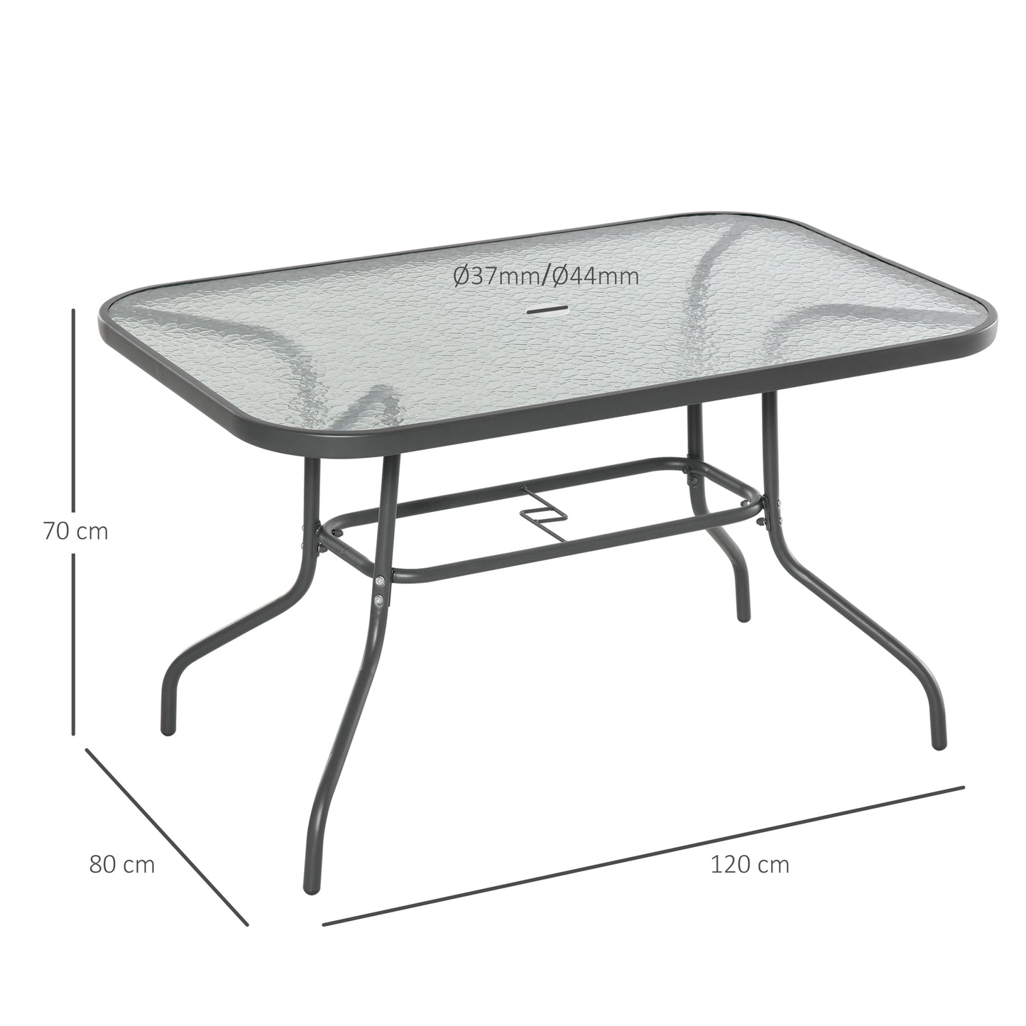 Outsunny Mesa de Jardín Exterior Rectangular de Metal Bordes Curvos con Orificio para Sombrilla Capacidad 70kg Vidrio Templado 120x80x70 cm Gris Carbón