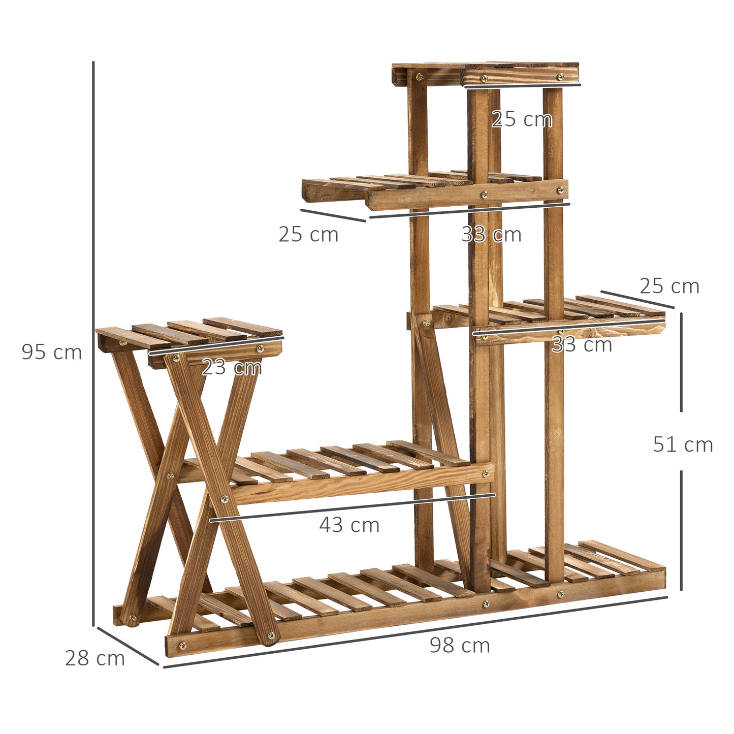 Outsunny Soporte para Plantas Estantería para Plantas con Pies de Madera Estantería para Flores con 5 Niveles Carga 60 kg para Interior y Exterior Terreza Jardín Balcón 98x28x95 cm Carbonizado